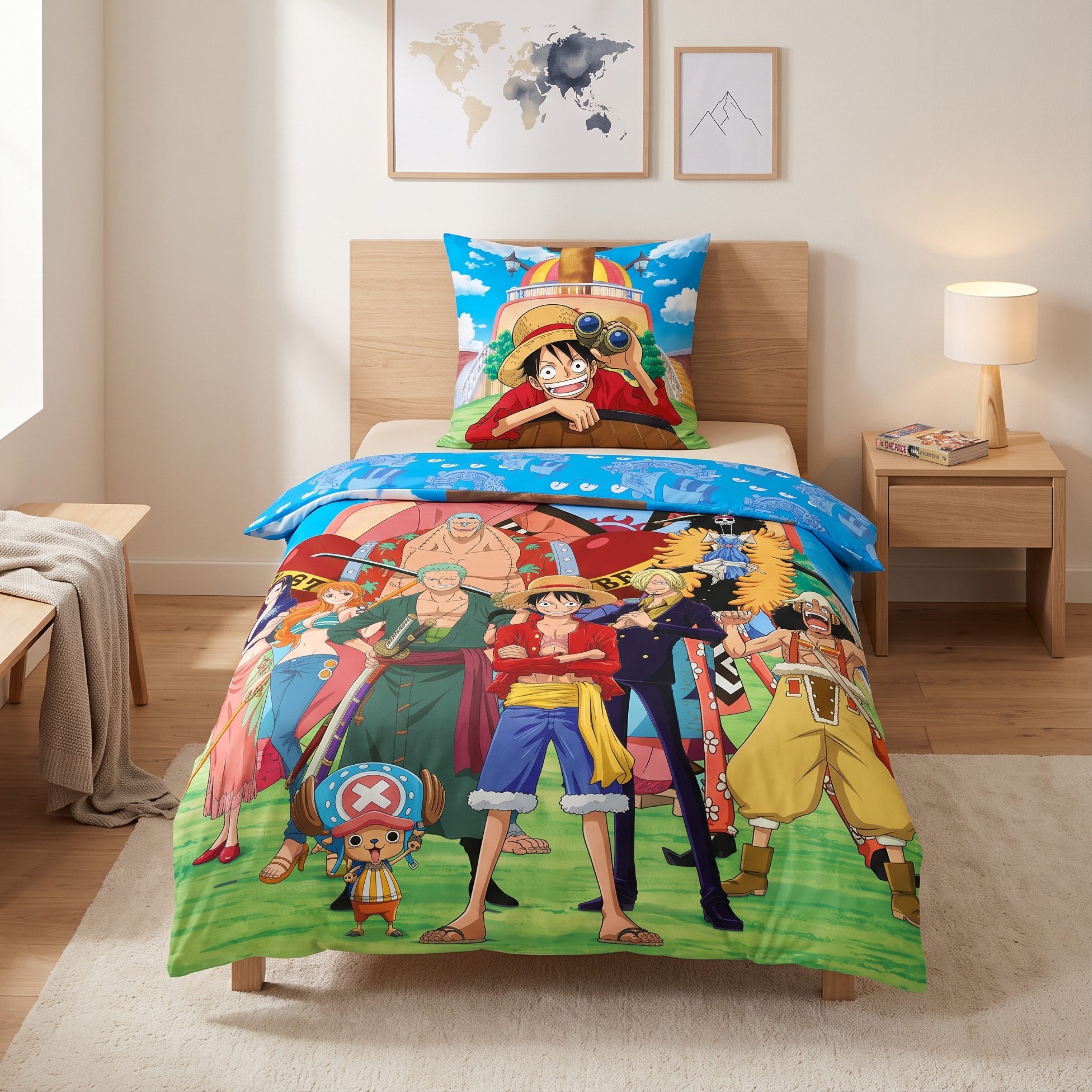 MTOnlinehandel Bettwäsche One Piece 135x200 cm Ruffy & Strohhutbande, Mikrofaser, 2 teilig, coole Wendebettwäsche für Mädchen und Jungen Anime – und Manga-Fans
