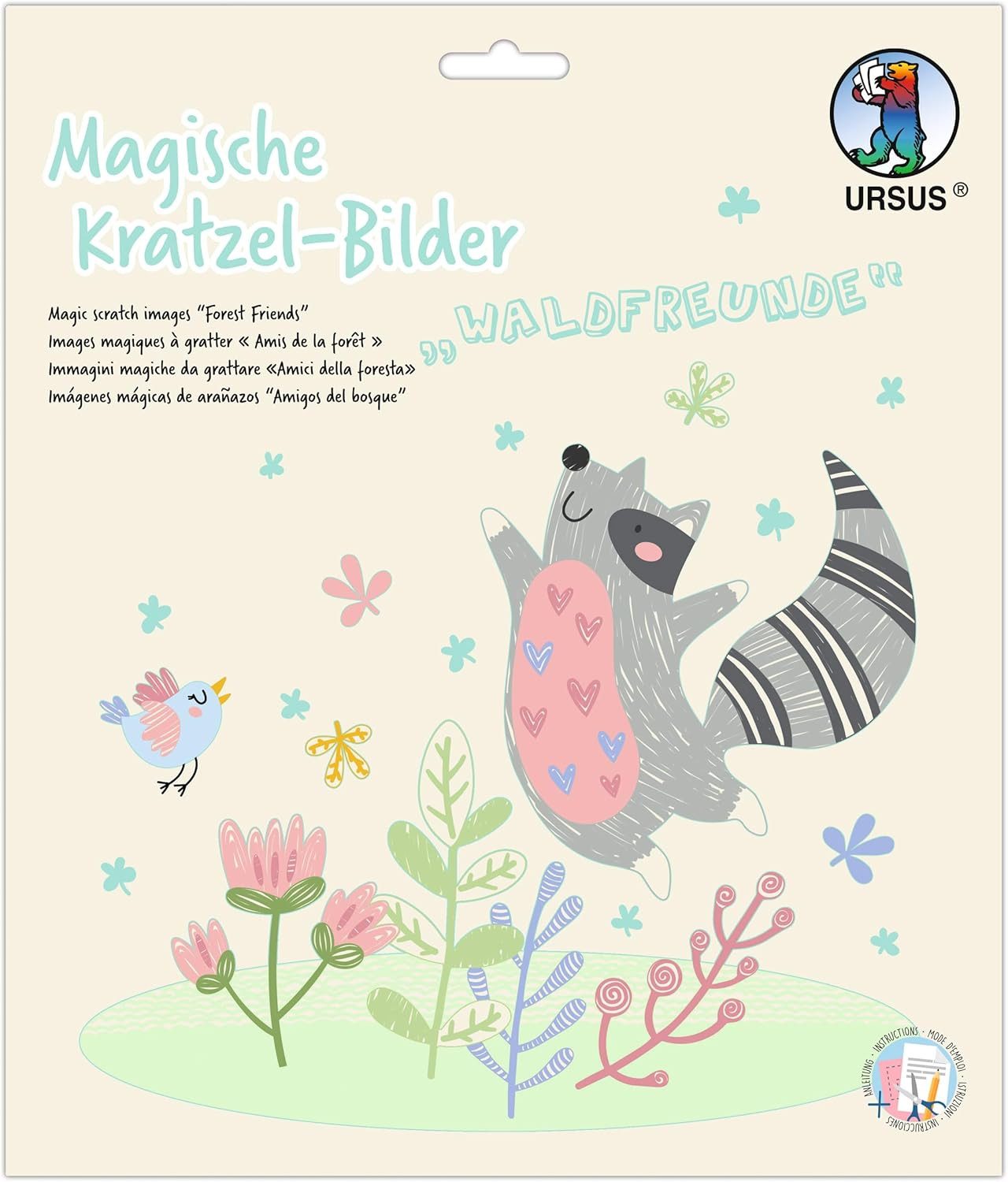 URSUS Spiel URSUS Magische Kratzel-Bilder Waldfreunde - 4 Kratzbilder mit Bambus-S