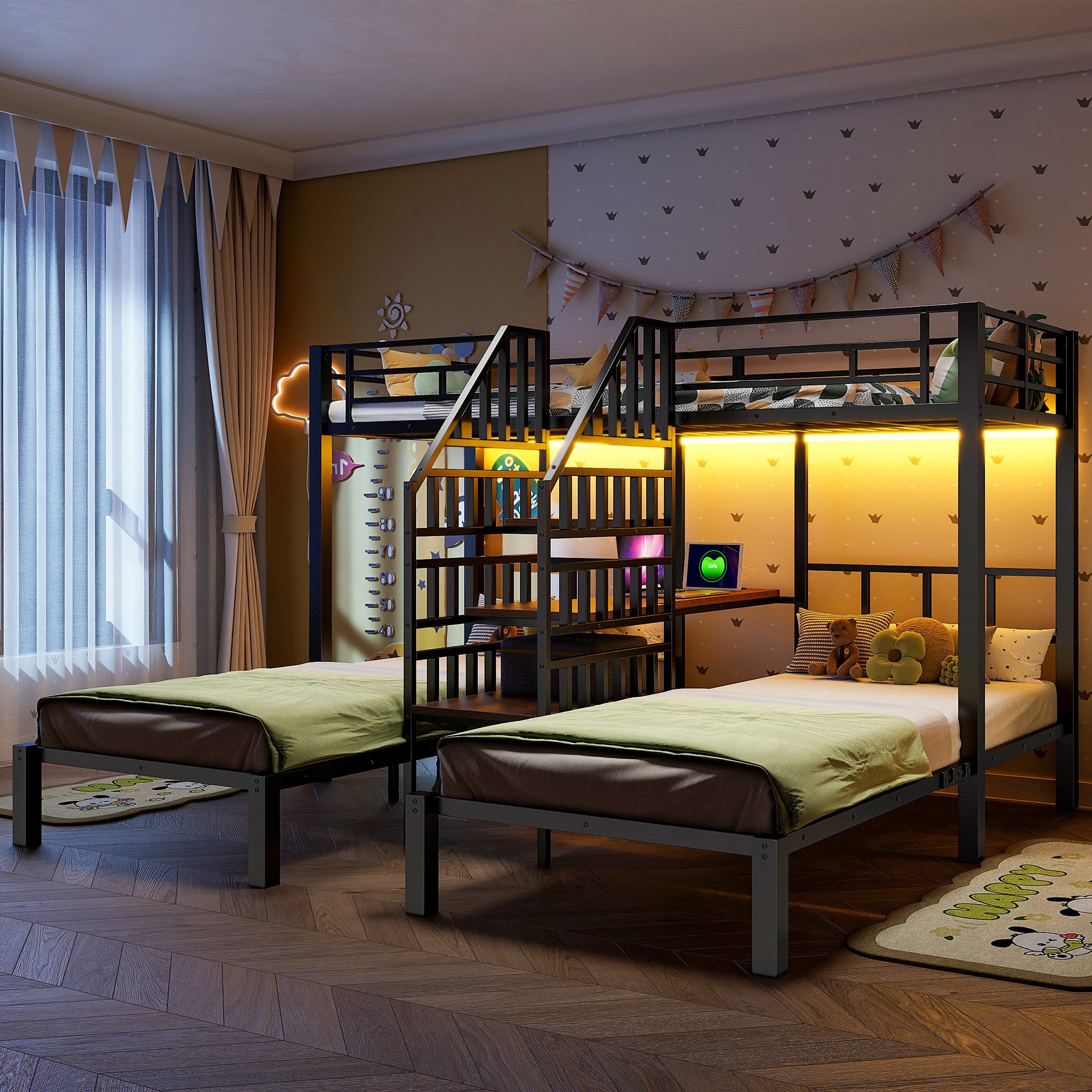 MODFU Etagenbett aus Eisen mit drei Liegeplätzen (Kinderbett,Integrierte Leiter,Schreibtisch,2 USB-Anschlüsse & Stauraum), Metallbett LED-Beleuchtung, 90x200 cm, Ohne Matratze
