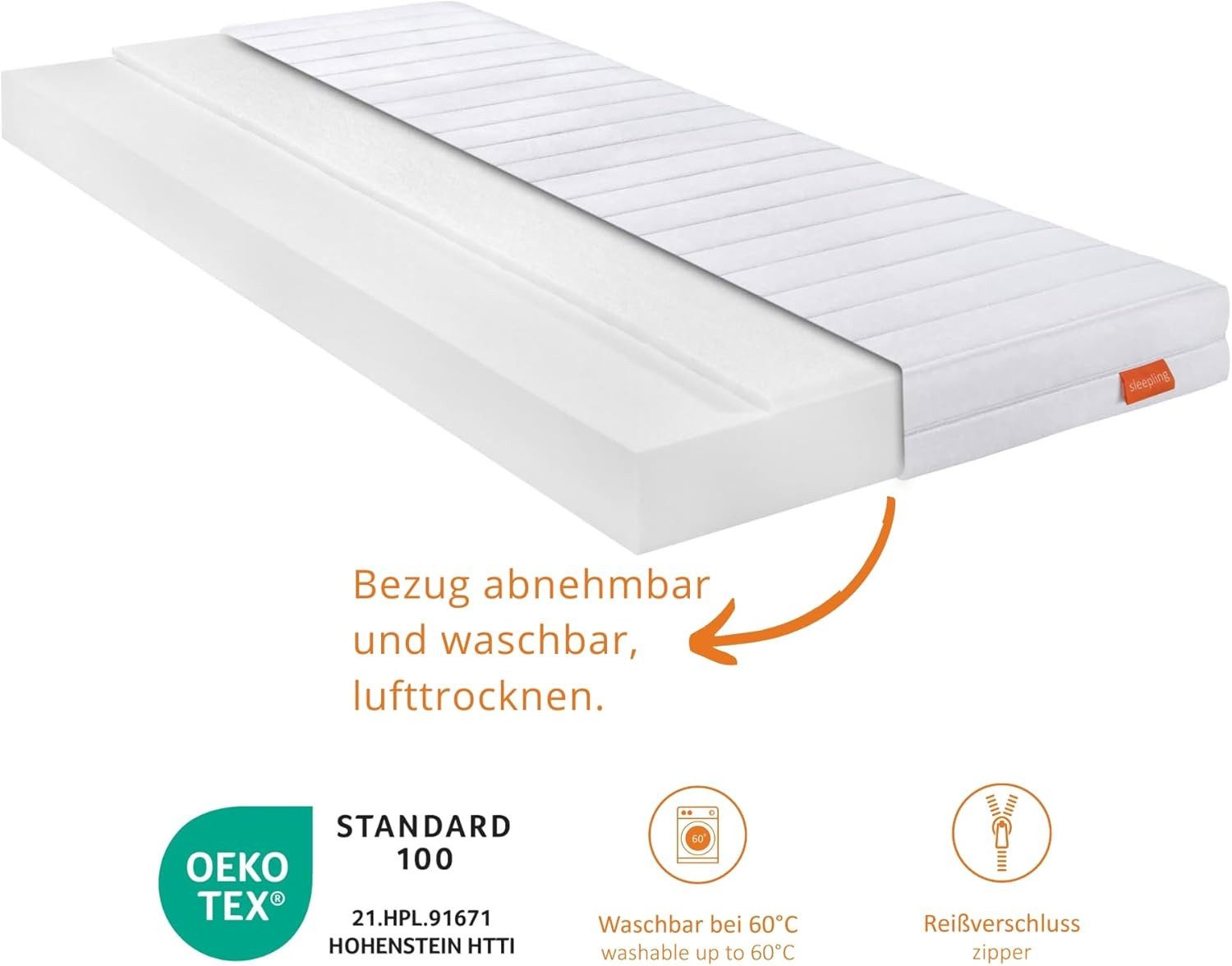 Kaltschaummatratze mit 7-Zonen und zwei unterschiedlich festen Liegeseiten, sleepling, beidseitig nutzbar (H2/H3), ergonomisch optimiert & atmungsaktiv