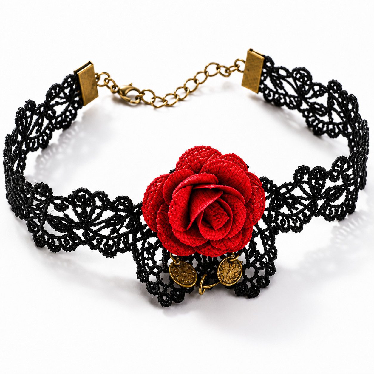 Kaiser24 Choker Gothic Halsband mit Spitze & roter Rose – Dark Romance Choker