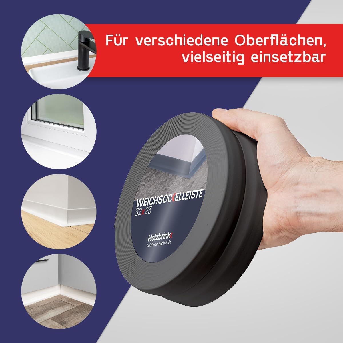 HOLZBRINK Sockelleiste HOLZBRINK selbstklebend PVC 32x23mm, 1 m, L: 100 cm, 1m Rolle, Küchenleiste Abschlussleiste für Badezimmer Farbe: Dunkelgrau – Bild 4 von 5