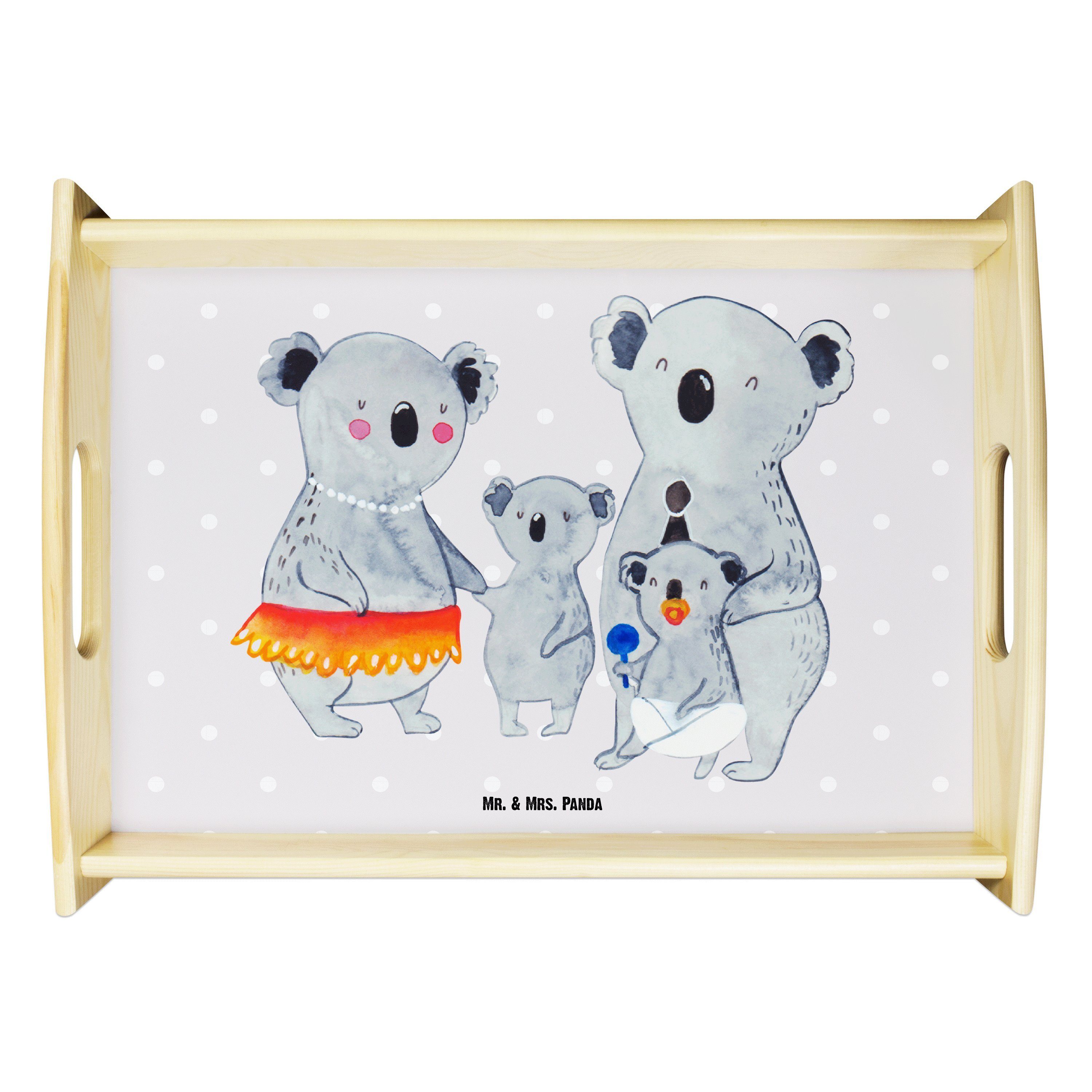 Mr. & Mrs. Panda Tablett Koala Familie - Grau Pastell - Geschenk, Holztablett, Schwester, Früh, Echtholz lasiert, (1-tlg)