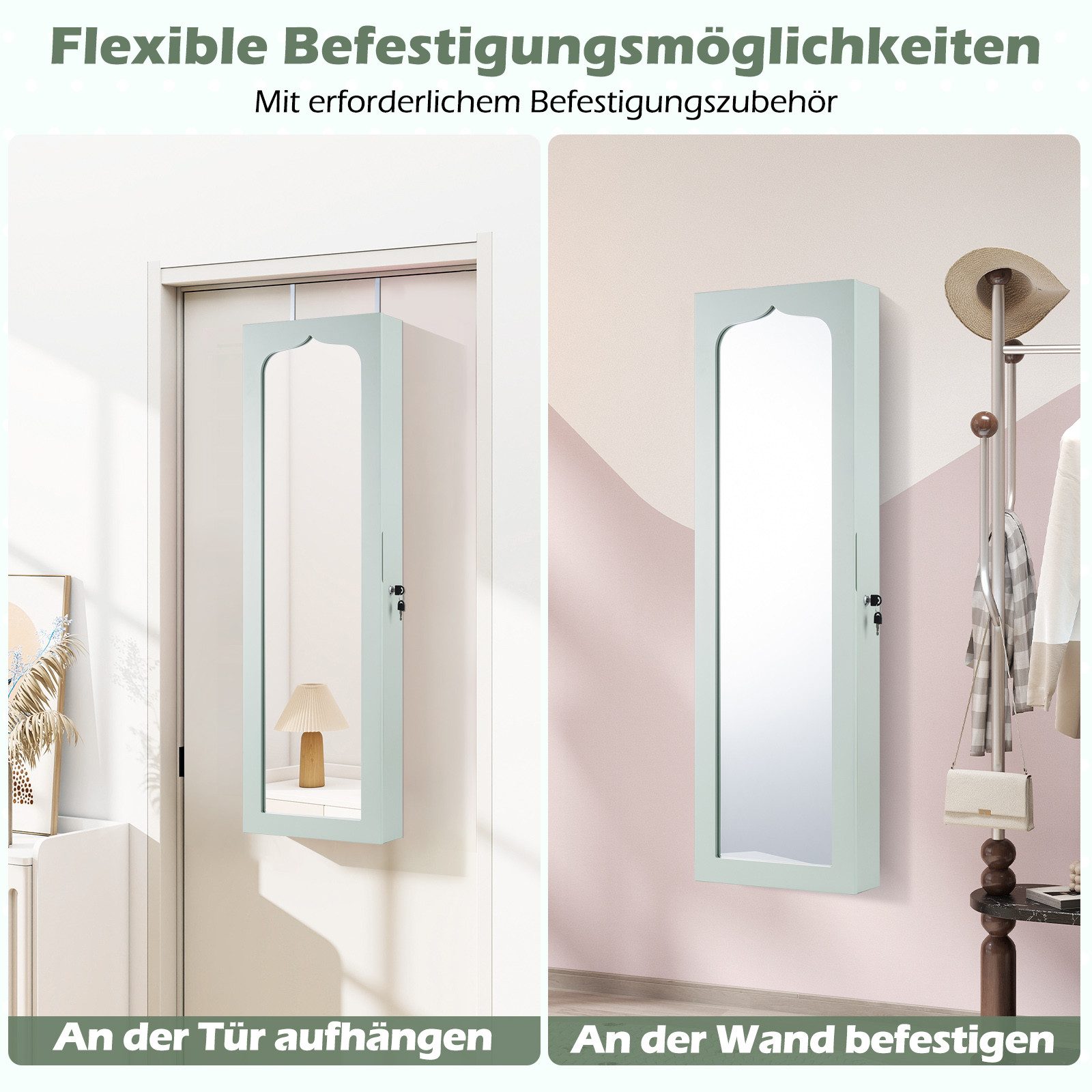 COSTWAY Schmuckschrank mit LED & Ganzkörperspiegel, für Tür und Wand mit LED & Ganzkörperspiegel, für Tür und Wand – Bild 3 von 5