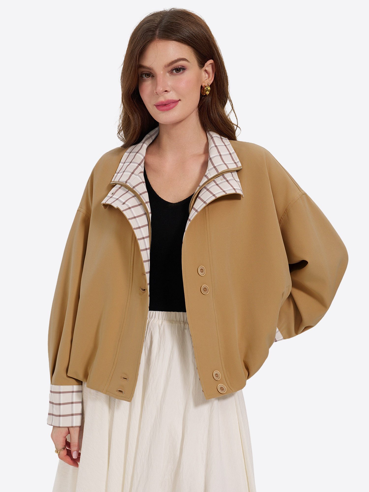 Imily Bela Kurzjacke Damen Übergangsjacke mit Karokragen (Packung, 1-St., 1per-Pack) mit Druckknöpfen