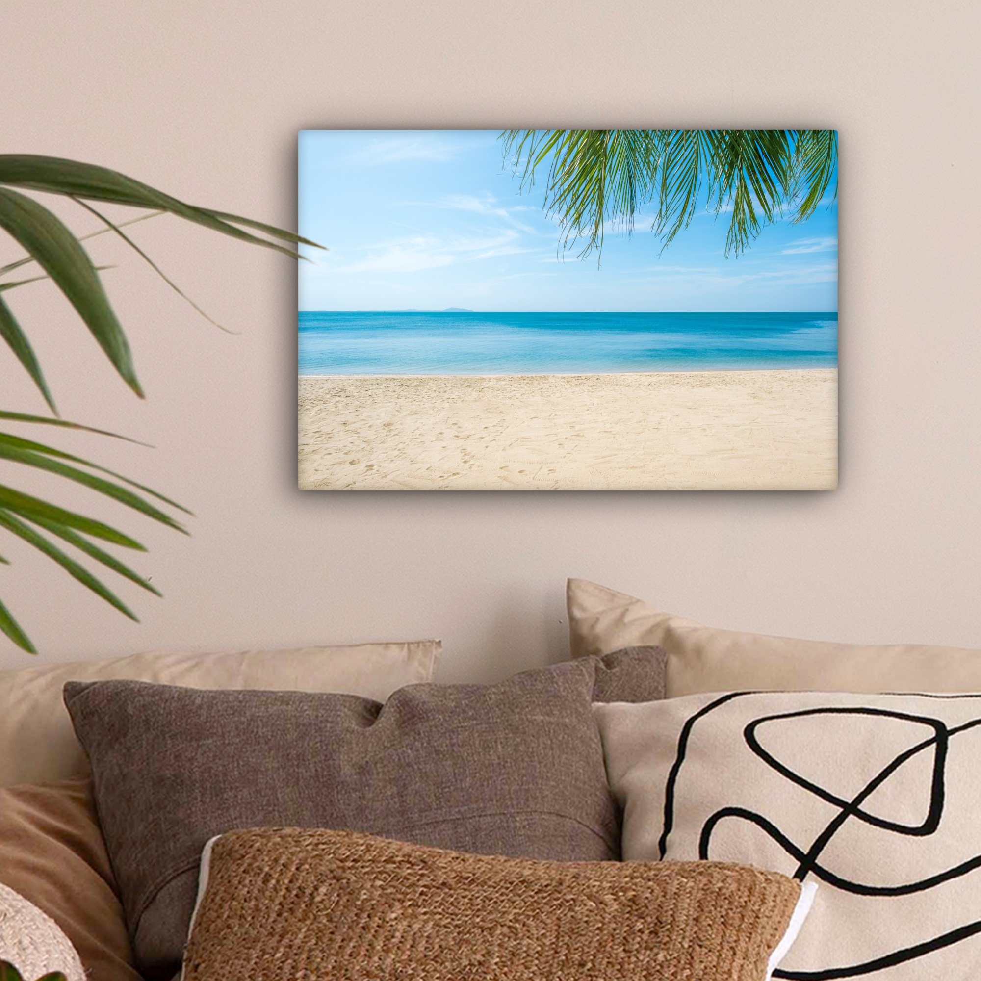 OneMillionCanvasses® Leinwandbild Tropisch Leinwandbilder, Strand cm 30x20 - (1 - St), Palme, Wandbild Aufhängefertig, Wanddeko