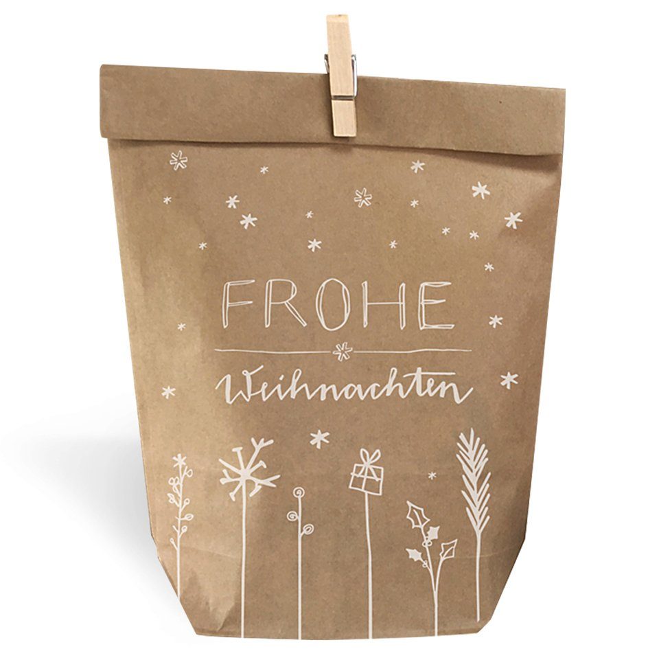 Eine der Guten Verlag Упаковочная бумага 24 Geschenktüten - Frohe Weihnachten - mit 24 FSC-Holz Miniklammern