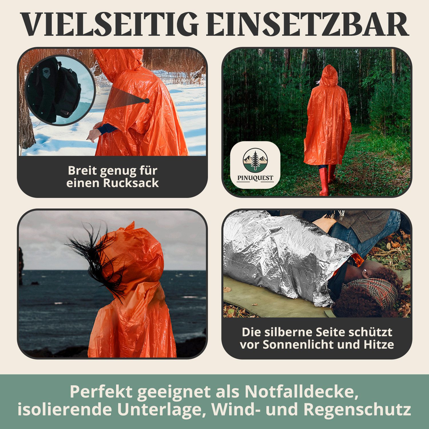 PINUQUEST Regenponcho Notfall-Poncho 26 µm signalorange (2-St) Poncho für Notfälle, Notponcho Wärmereflexion, wasserdicht winddicht – Bild 5 von 5