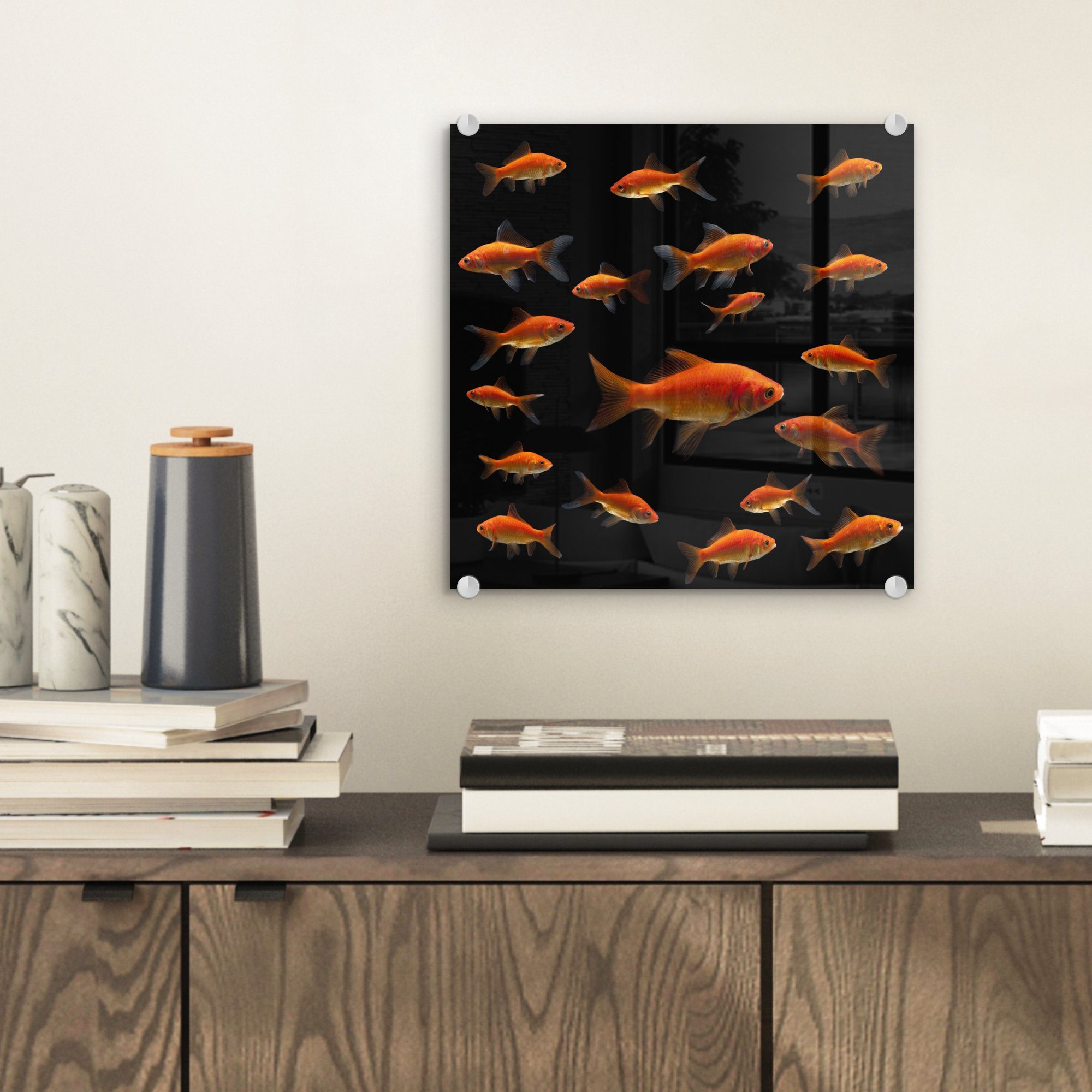 Foto Wanddekoration Acrylglasbild auf auf - Goldfisch MuchoWow Hintergrund, - Glas auf Glas Glasbilder Wandbild (1 Bilder schwarzem St), -