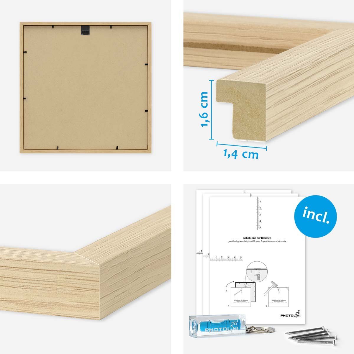 PHOTOLINI Bilderrahmen Sets quadratisch 30x30 cm aus MDF Holz mit Acrylglas & Zubehör, für 6 Bilder (6er Set), 6er Set moderne Posterrahmen Natur – Bild 3 von 5
