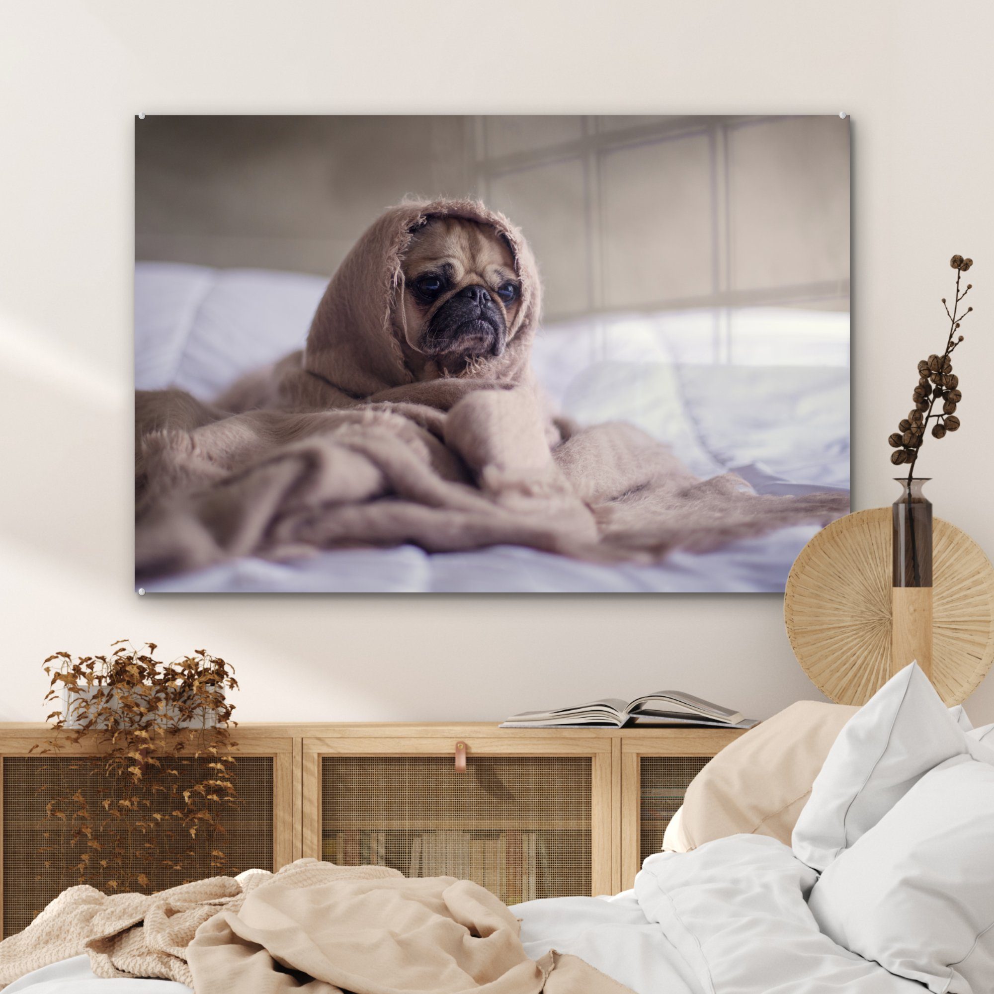 Decke Acrylglasbild Bett, - (1 - Schlafzimmer Hund Acrylglasbilder MuchoWow St), Wohnzimmer &