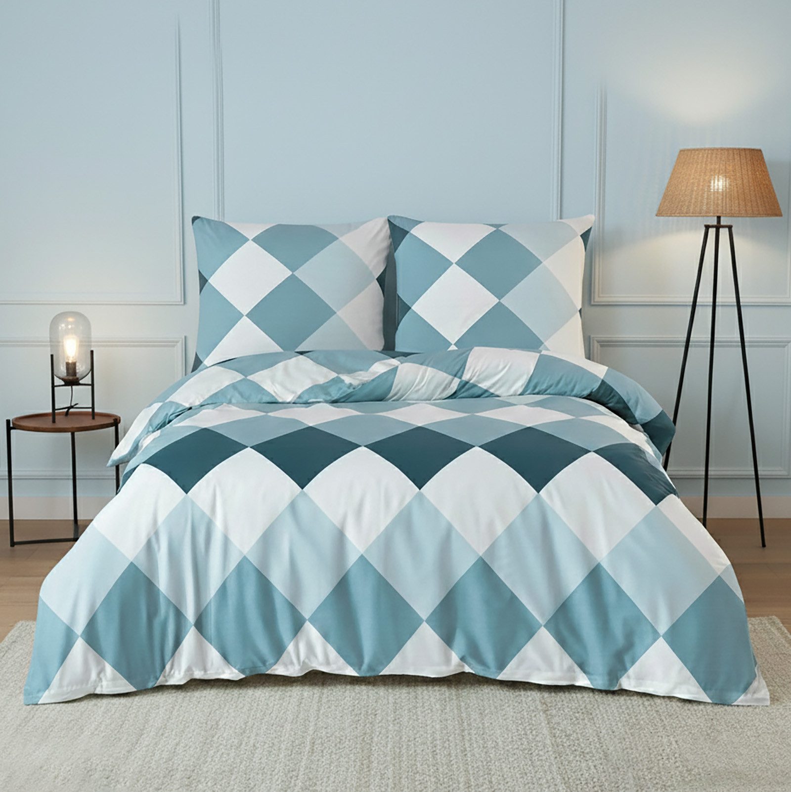 Buymax Bettwäsche Anaga, Bettgarnitur, Bettbezug Set, Renforce: 100% Baumwolle, 2 teilig, mit Reißverschluss, modern gemustert, Karo, Blau, Petrol, 135x200 cm