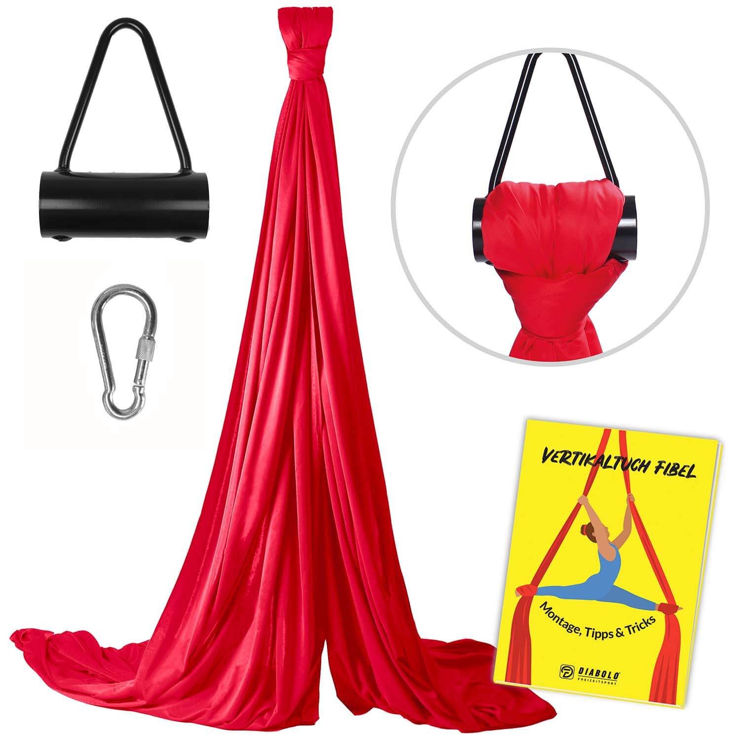 Diabolo Freizeitsport Nestschaukel Vertikaltuch 6m & 8m + Triangelhalterung, (Aerial Silk Tuch 6 m Low-Stretch für Aerial Fitness Training, 1-tlg., Vertikaltuch mit Triangelhalterung, Anleitung und Baumwollzugbeutel), Vertikaltuch rot 6 m mit Triangelhalterung (schwarz) für Luftakrobatik