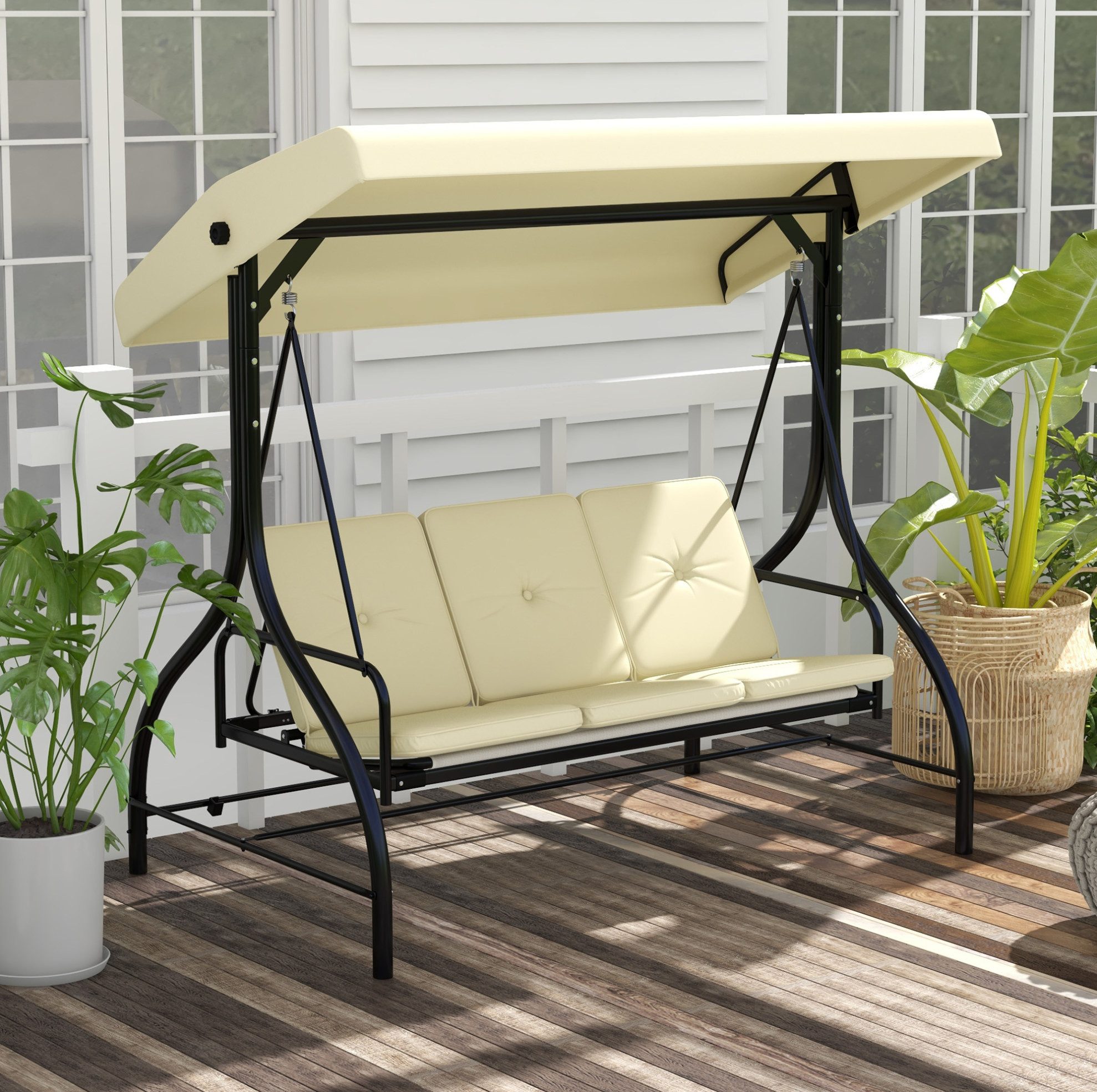 OKWISH Hollywoodschaukel 2in1 Hollywoodschaukel 3-Sitzer 195x117x175 cm Beige Liegefunktion, 3-Sitzer, Packung, 1 tlg., Schaukelbank bis 240 kg, Gartenliege für Terrasse & Outdoor Bereich, Gartenschaukel mit verstellbarem Sonnendach & Liegefunktion