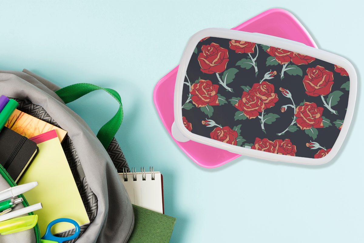- für Snackbox, Kinder, Mädchen, Erwachsene, Blume Muster Kunststoff, Rot, rosa Brotbox Brotdose Rosen MuchoWow (2-tlg), - Kunststoff - Lunchbox
