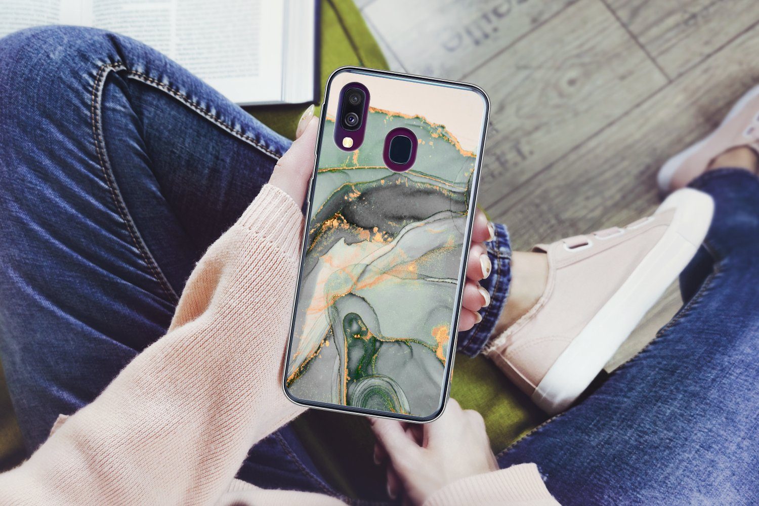 MuchoWow Handyhülle für Samsung Galaxy A40 Gold - Marmor - Grün - Luxus - Glitzer - Marmor, Smartphone-Bumper, Print, Handy Schutzhülle Dünn