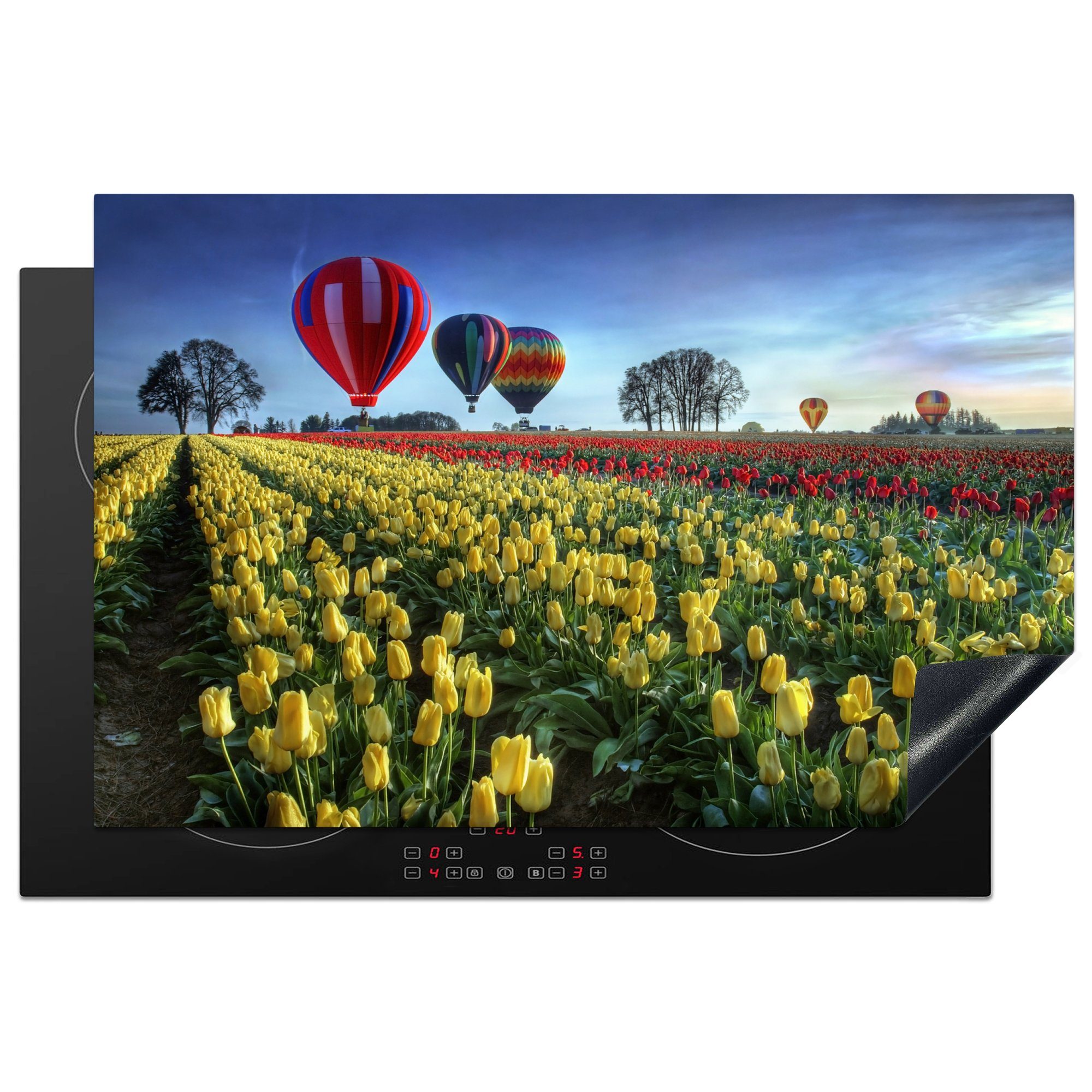 MuchoWow Herdblende-/Abdeckplatte Heißluftballons über einem Tulpenfeld, Vinyl, (1 tlg), 81x52 cm, Induktionskochfeld Schutz für die küche, Ceranfeldabdeckung