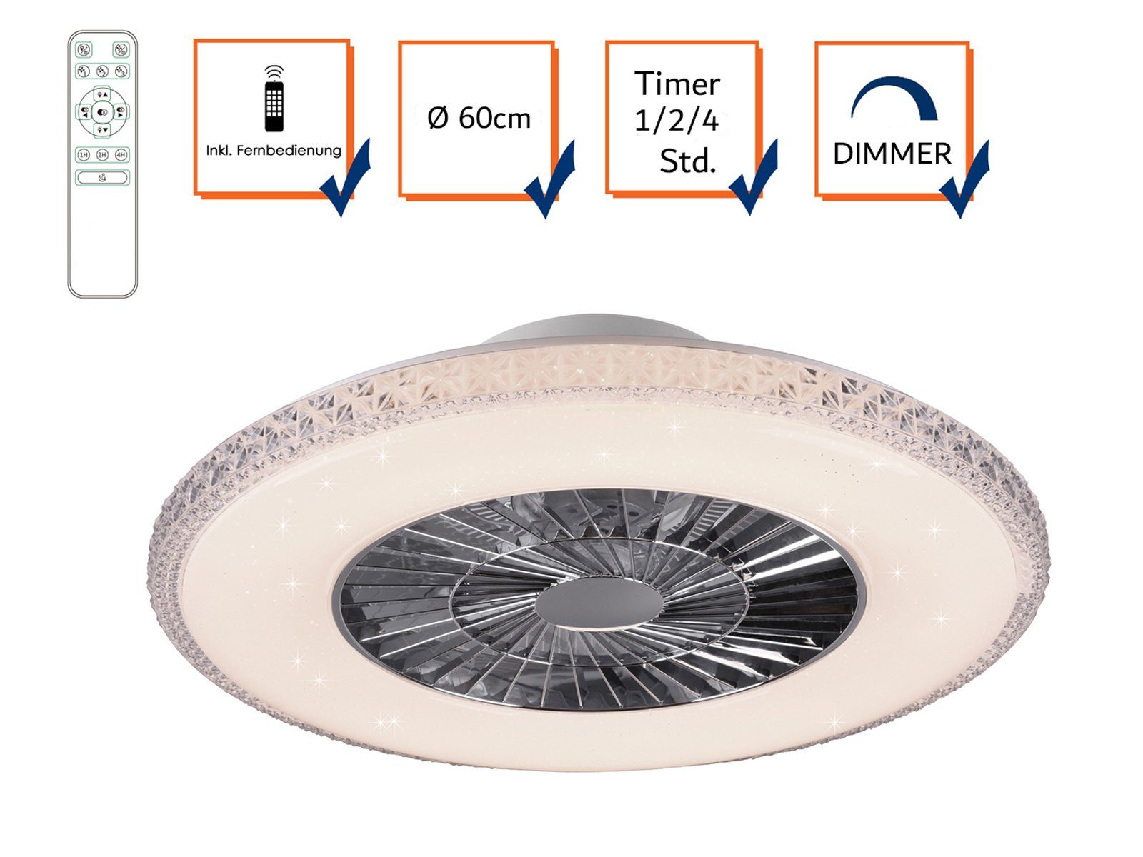 Reality Leuchten LED Deckenleuchte, Dimmfunktion, Nachtlichtfunktion, LED fest integriert, Lichtfarbe einstellbar, Decken-ventilator-en mit Licht, Deckenlüfter Sternenhimmel, Ø60cm