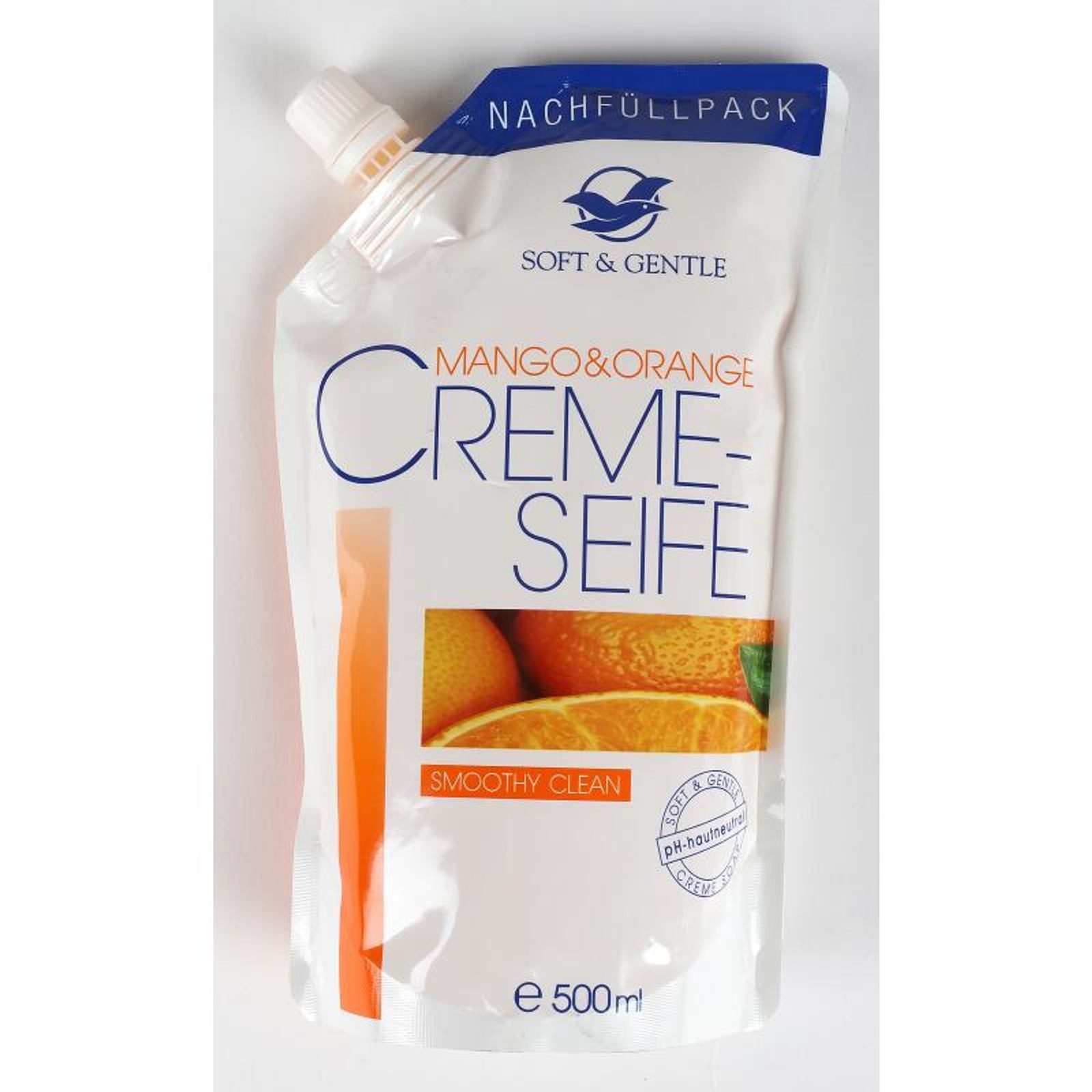 Schmees GmbH Flüssigseife 12x 500ml Soft & Gentle Cremeseife Nachfüllbeutel Mango & Orange Hände