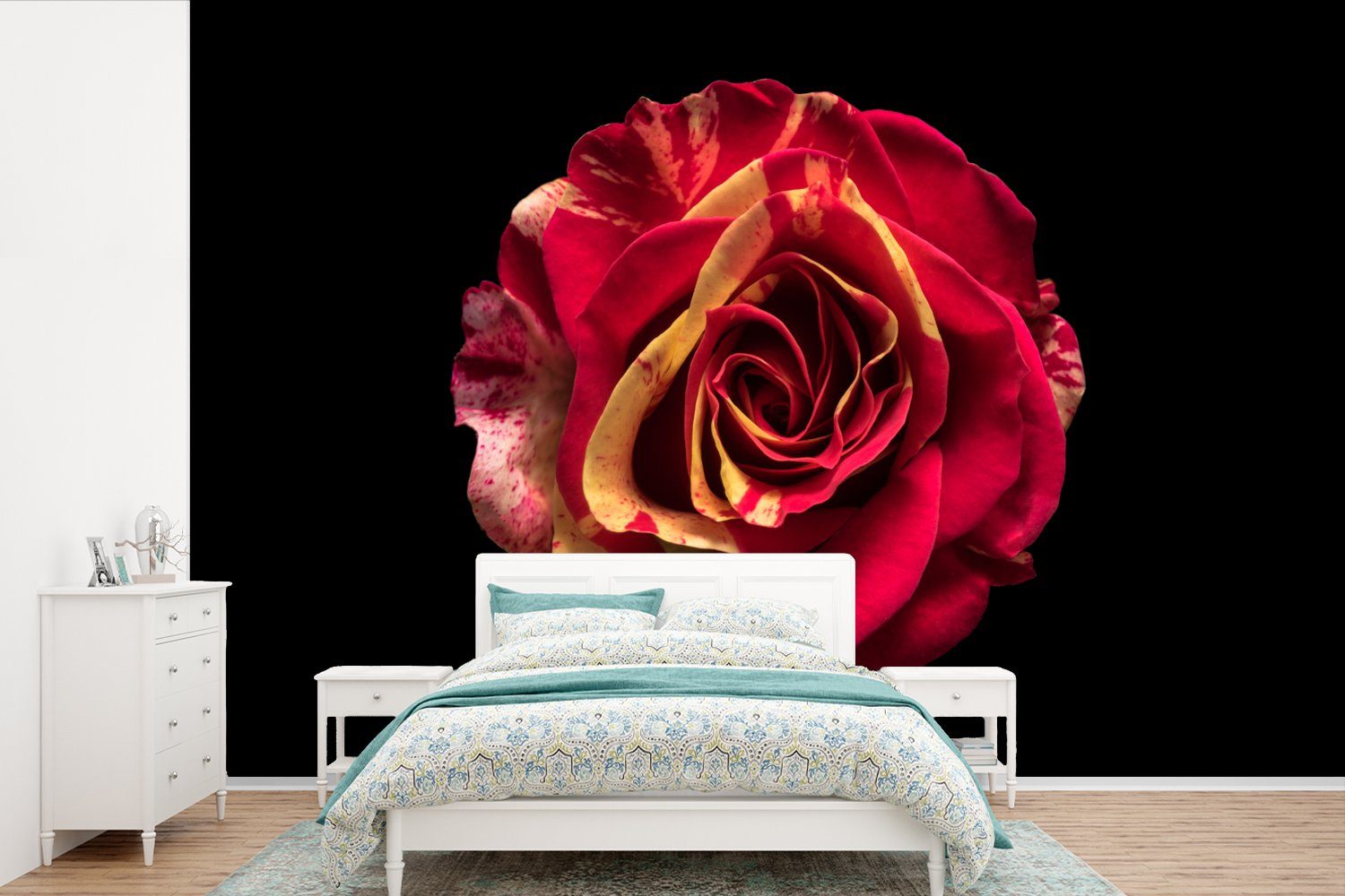 MuchoWow Fototapete Blume - Rose - Rot - Schwarz, Matt, bedruckt, (6 St), Wallpaper für Wohnzimmer, Schlafzimmer, Kinderzimmer, Vinyl Tapete