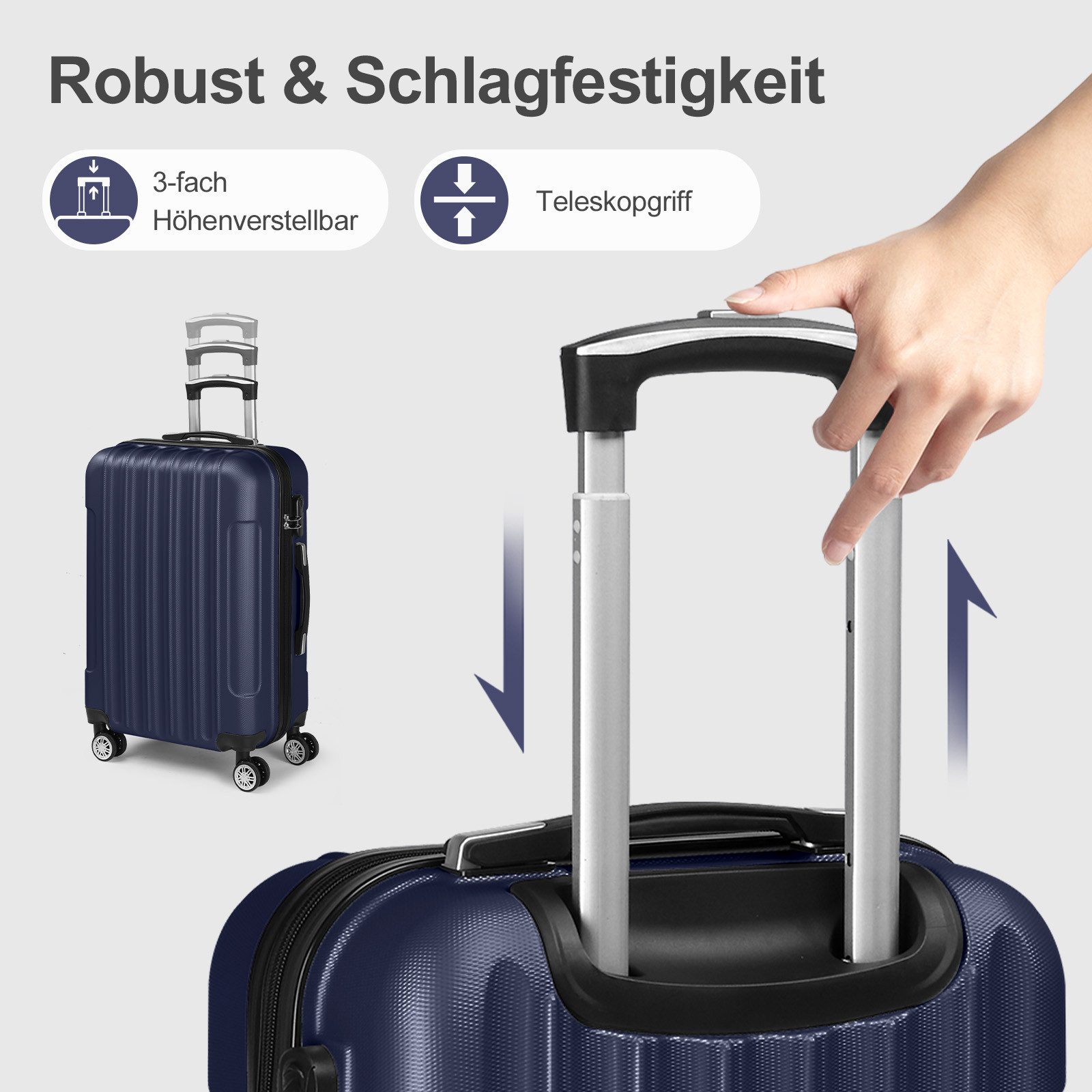 LALAHO Trolley Kofferset Hartschale Reisekoffer, 360° Rollen, 4 Rollen, 5er Set Handgepäck, Koffer, mit Kosmetikkoffer, Schwarzblau – Bild 4 von 5