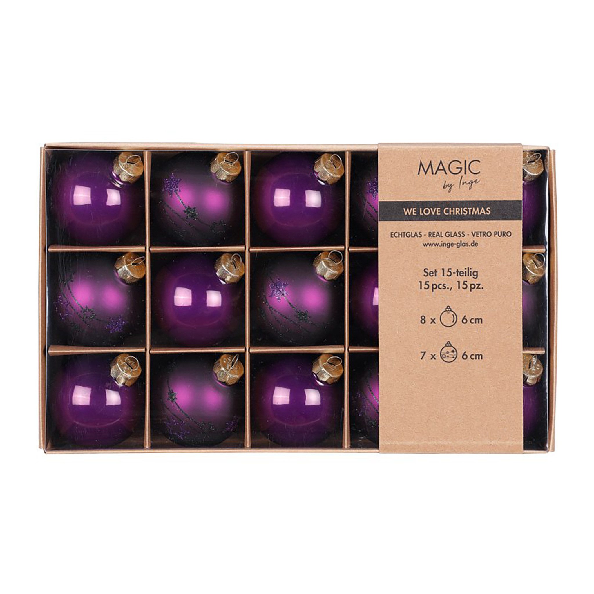 MAGIC by Inge Weihnachtsbaumkugel, Weihnachtskugeln Glas 6cm Sterne Motiv 15 Stück - Purple Symphony
