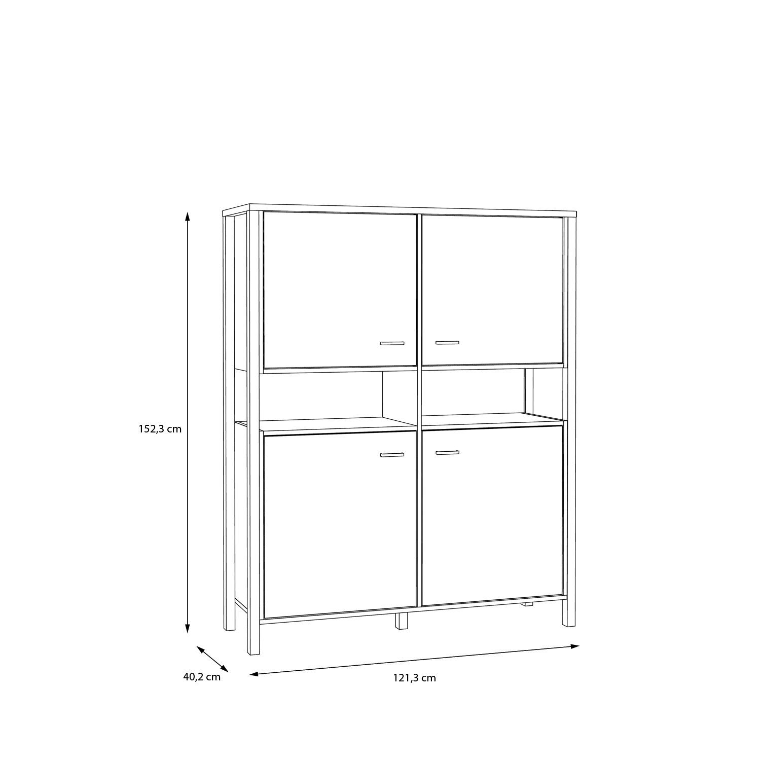 in Holztüren, 121,3 offenen Aktenschrank cm Einlegeböden 152,3 Gestell mit möbelando aus 2 und Nachbildung, Breite Riviera in Spanplatte Tiefe cm, im Schwarz Industrial-Design 4 Eiche Höhe Schrank 40,2 Fächern. 4 Hialeah cm,