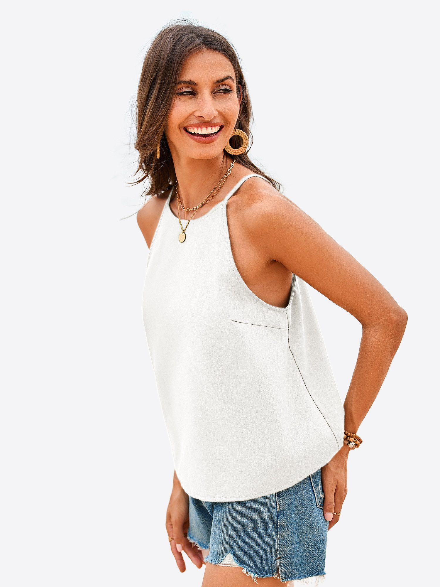 Imily Bela Trägertop Damen Lockeres Tanktop mit Rückenschlitz & Knöpfen (Packung, 1-tlg., 1per-Pack) Hoher Rundhals – Bild 3 von 5