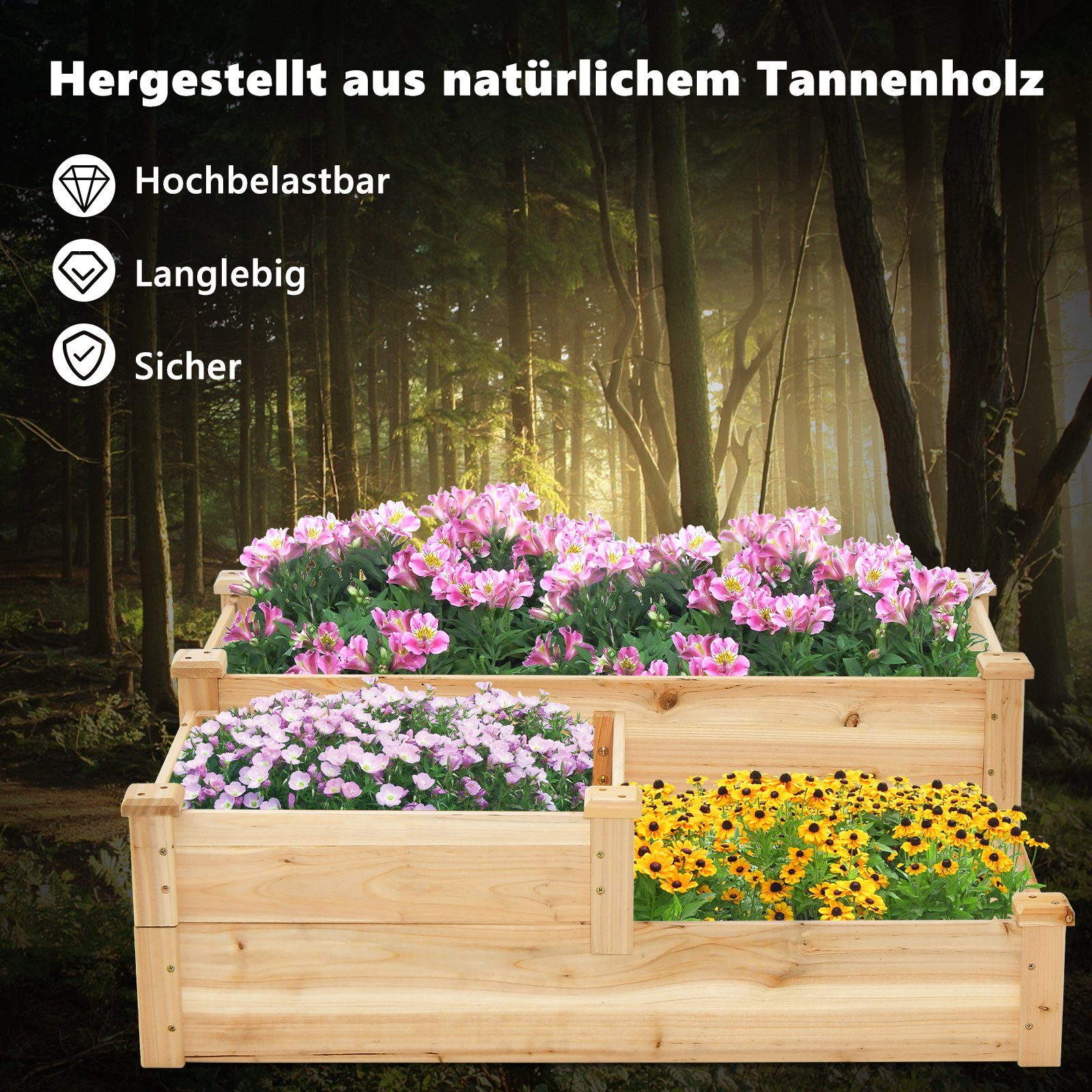 COSTWAY Blumenkasten, 3-stufig, mit offenem Tannenholz, 107,5x87x37cm Boden