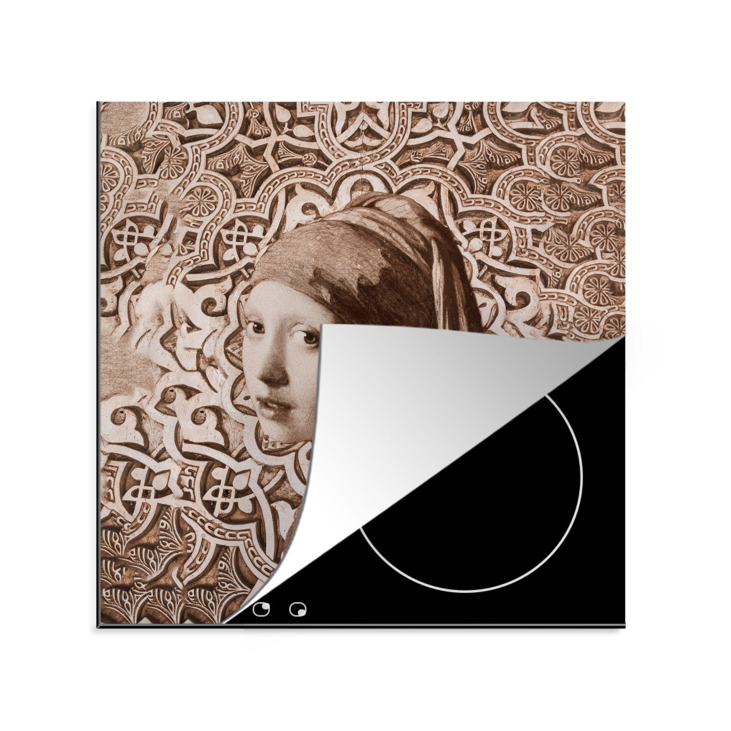 MuchoWow Herdblende-/Abdeckplatte Das Mädchen mit dem Perlenohrring - Vermeer - Braun, Vinyl, (1 tlg), 78x78 cm, Ceranfeldabdeckung, Arbeitsplatte für küche