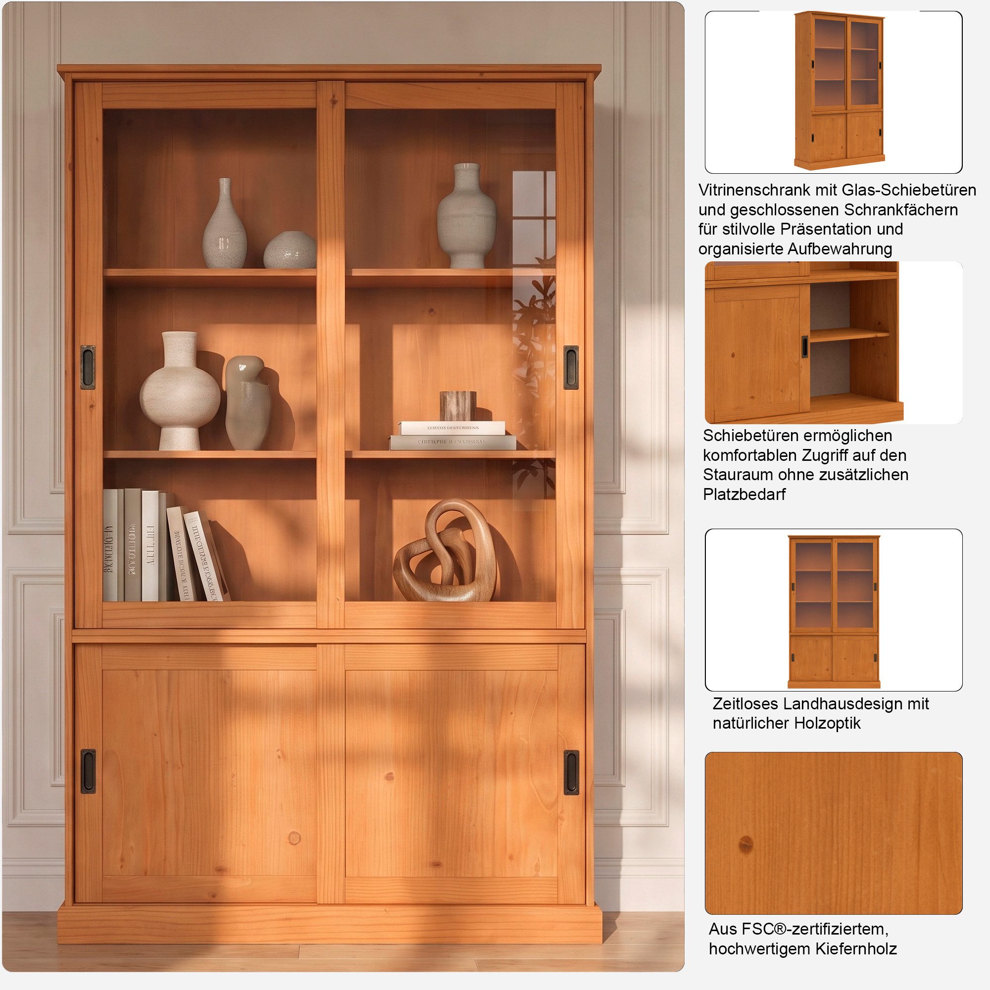 OTTO home Vitrine Schröder mit 2+2 Schiebetüren, aus massivem Kiefernholz, Breite 114 cm – Bild 3 von 5