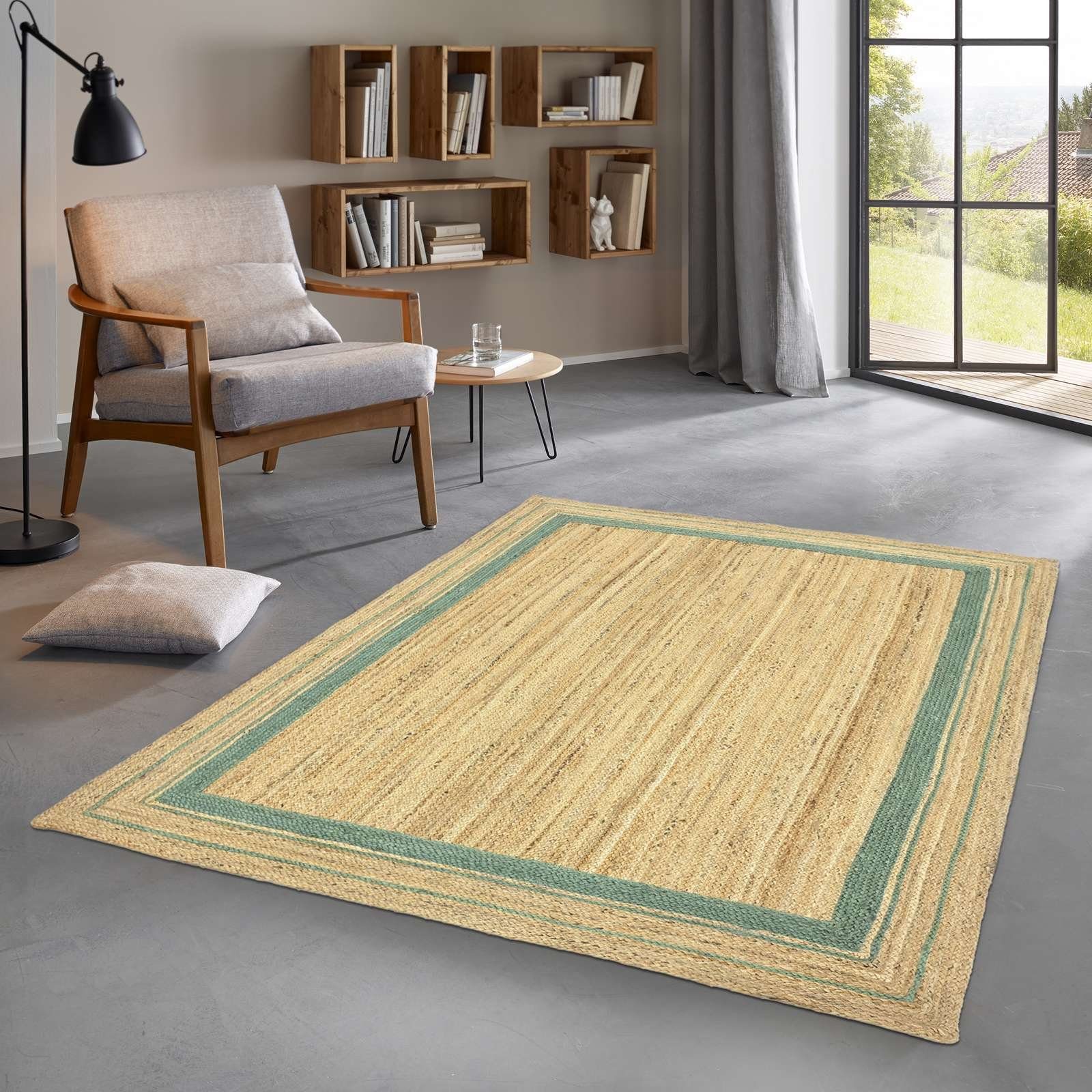 Verkauf von Originalprodukten läuft! Teppich Jute Durry Bordüre Höhe: Esszimmer 5 Teppich Bordüre optik TaraCarpet, 80x150 mm, cm rechteckig, Sisal Modern, Flachgewebe Boho Wohnzimmer grün