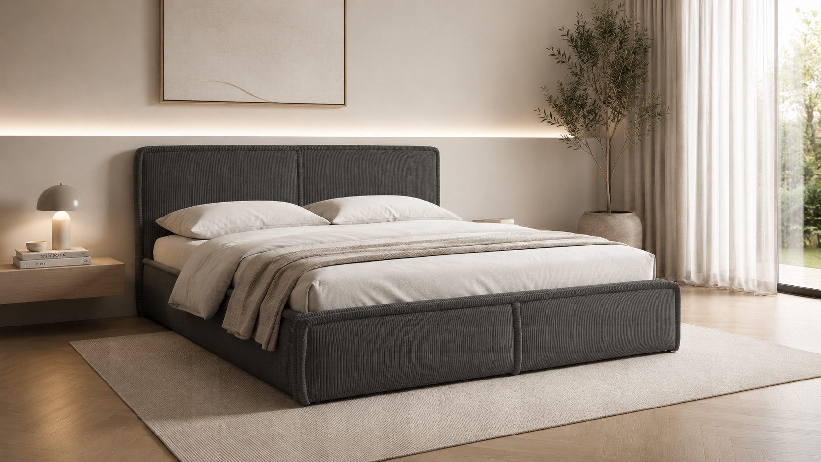 MOEBLO Polsterbett BETT 04 (Bezug: aus Cord, Doppelbett mit Kopfstütze, Rahmenbettgestell 140x200, mit Bettkasten und Lattenrost), mit Bettkasten