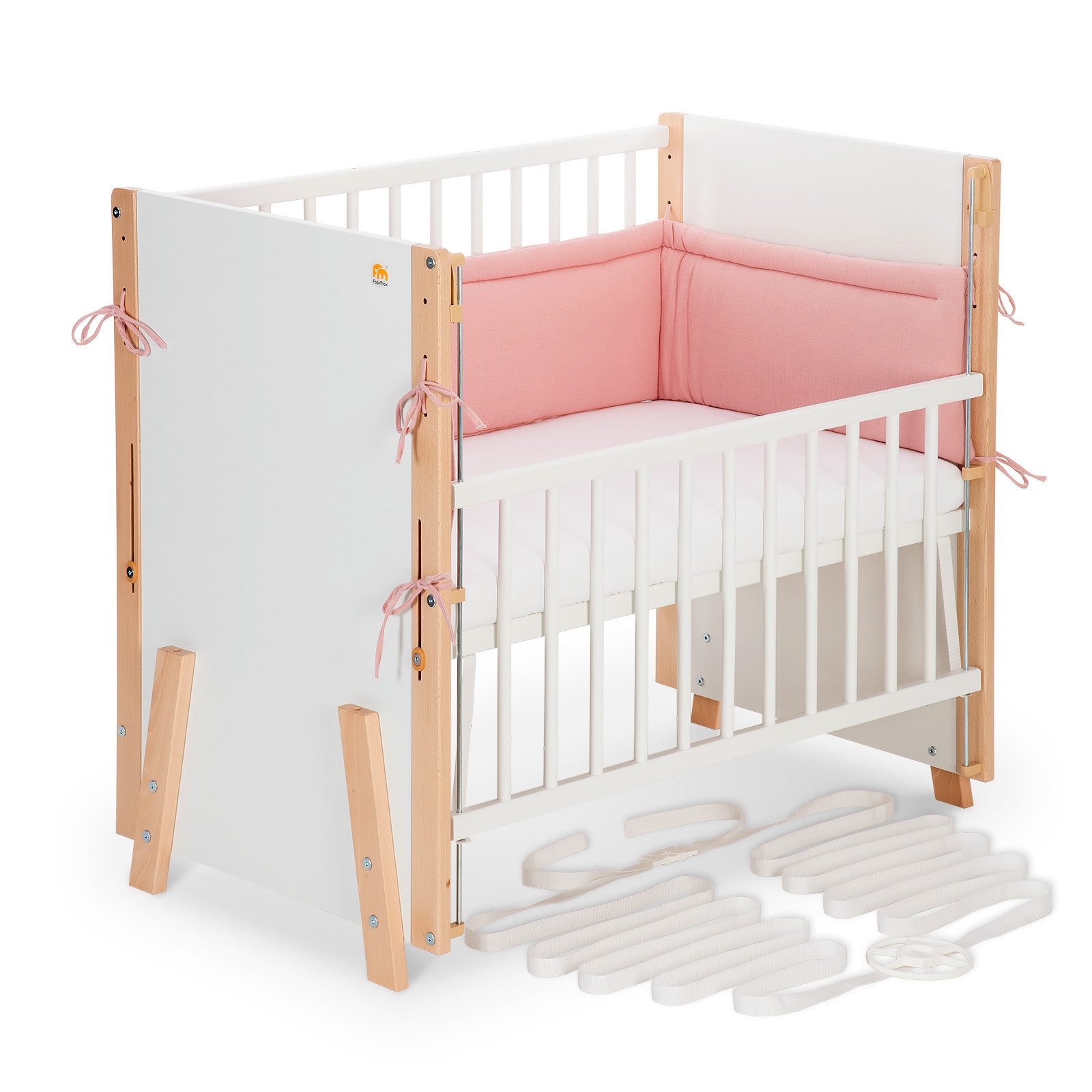 FabiMax Beistellbett Boxspring Vario Weiß / Natur, Stufenlose Höhenverstellung von 52 bis 83 cm, mit 2 in 1 Seitengitter