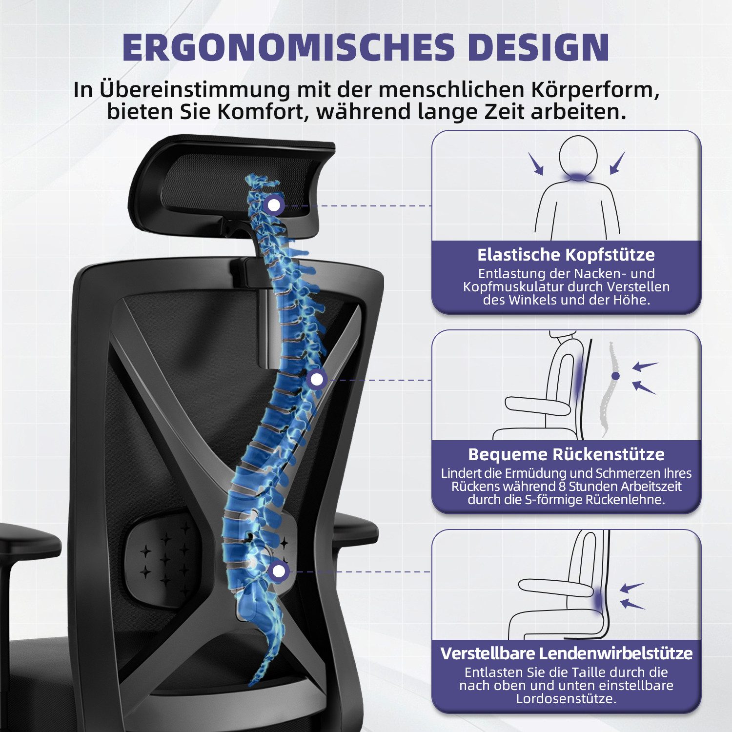 Adormii Bürostuhl Bürostuhl mit Weiches-3D-Lendenkissen,Ergonomischer Büros günstig online kaufen