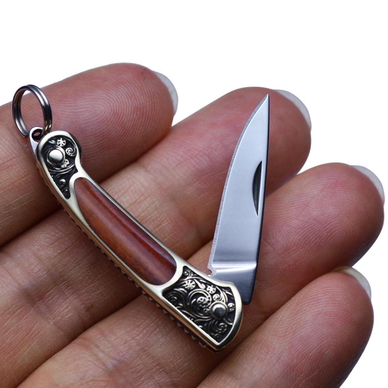 LuxusKollektion Taschenmesser Mini Klappmesser Ultraleicht 9g Schlüsselanhänger Messing Sandelholz