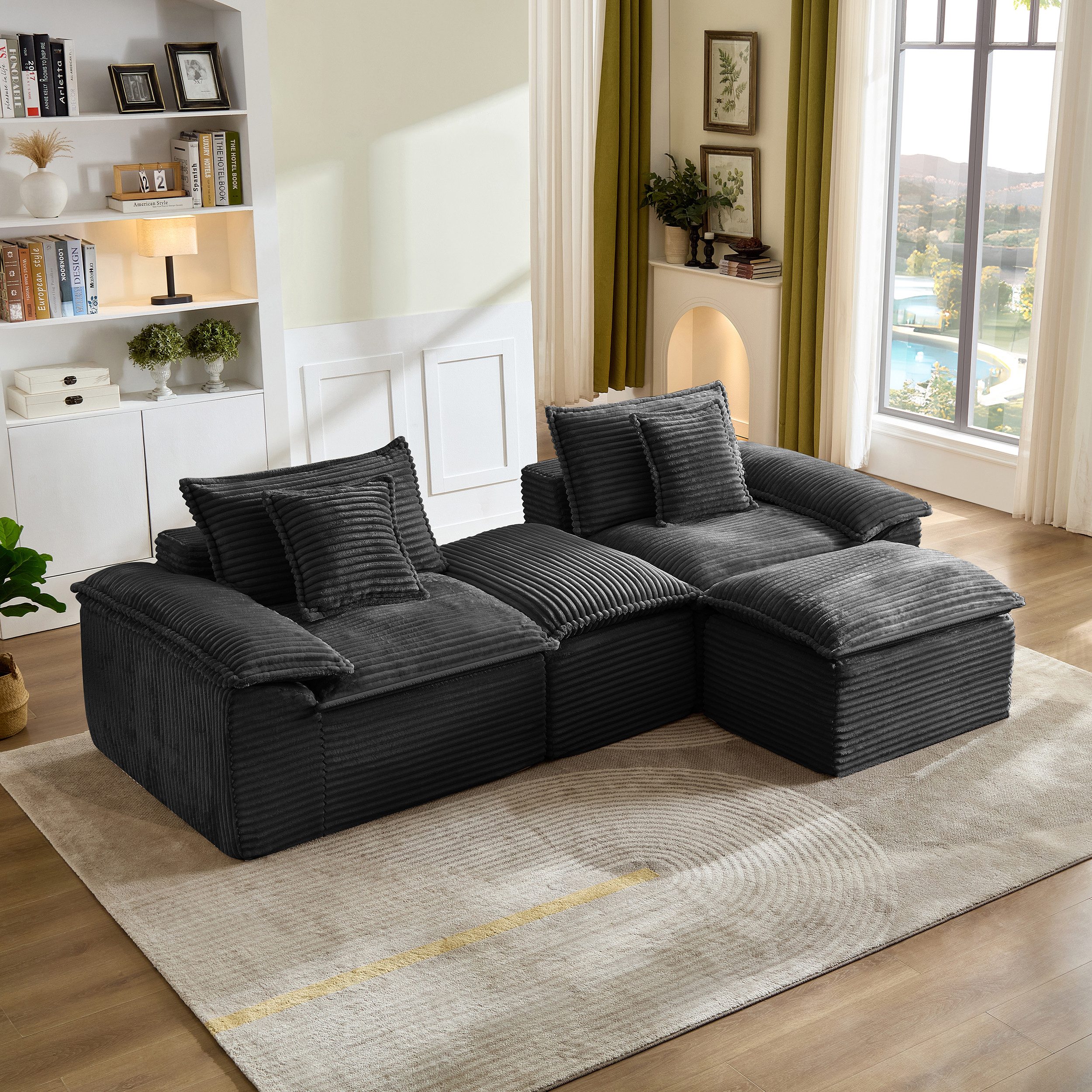 Sinaopus Schlafsofa Modulares Schlafsofa, 2-Sitzer Wohnzimmer Sofa mit Kissen, Bodensofa Cord Couch mit Hocker, Armlehne und Memory-Schaum