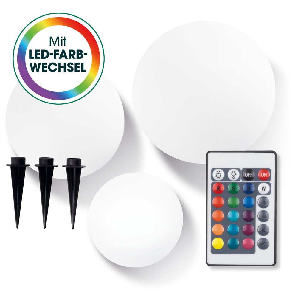 EASYmaxx LED Solarleuchte LED Solarleuchte mit Fernbedienung - 3 kaltweiße Leuchten Solarbetrieb, 20/25/30 cm, mit Farbwechsel - dimmbare Helligkeitsstufen, 12 Farben, 5 Leuchtmodi