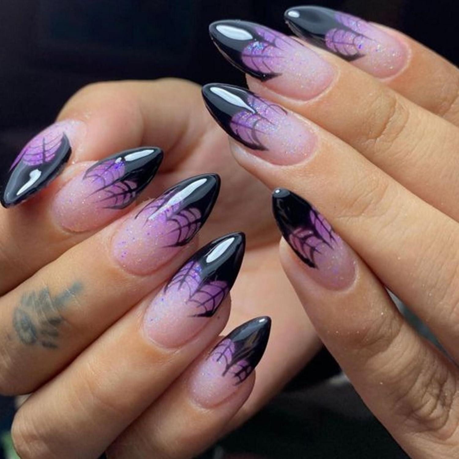 LuxusKollektion Kunstfingernägel Künstliche Nägel Mandel Lila Glitzer Spinnennetz Stiletto 24 Stück
