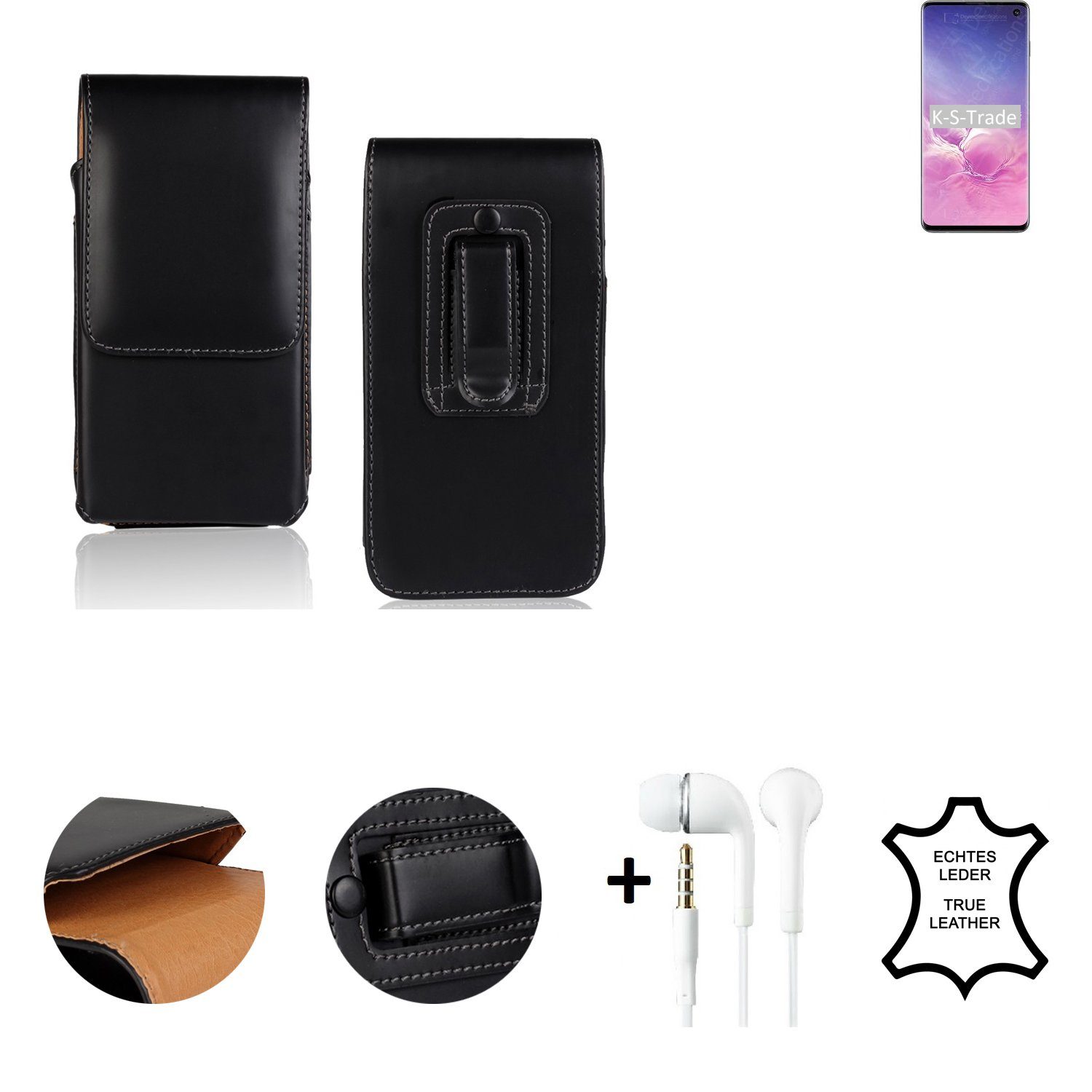 K-S-Trade Handyhülle für Samsung Galaxy S10 Exynos, Leder Gürtel Tasche +  Kopfhörer Seitentasche Belt pouch Holster