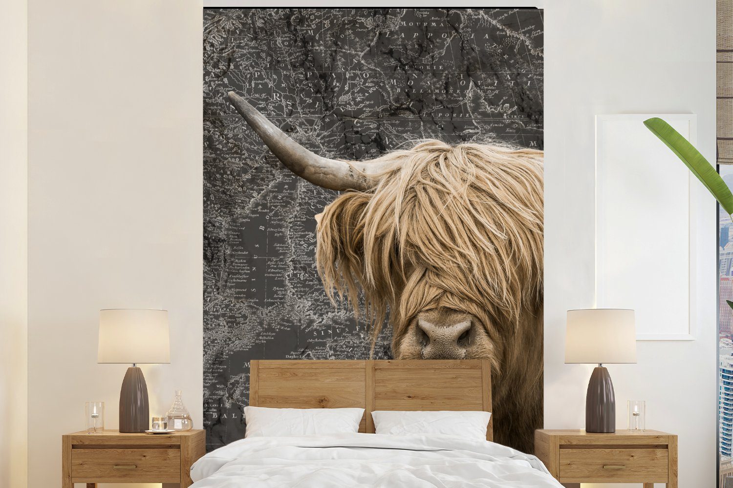 MuchoWow Fototapete Schottische Highlander - Kühe - Weltkarte, Matt, bedruckt, (3 St), Montagefertig Vinyl Tapete für Wohnzimmer, Wandtapete