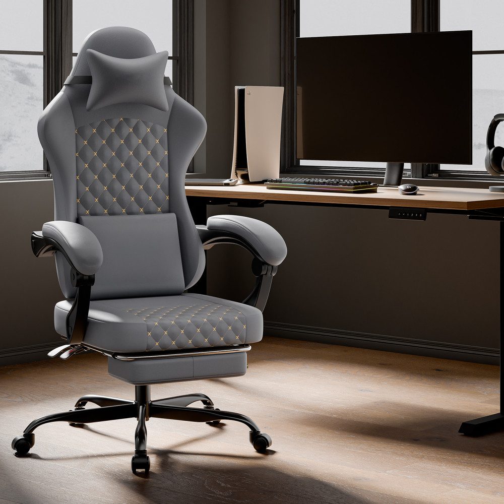 Gaming-Stuhl PVC Leder Ergonomischer Massage Gamer Sessel mit Fußstütze