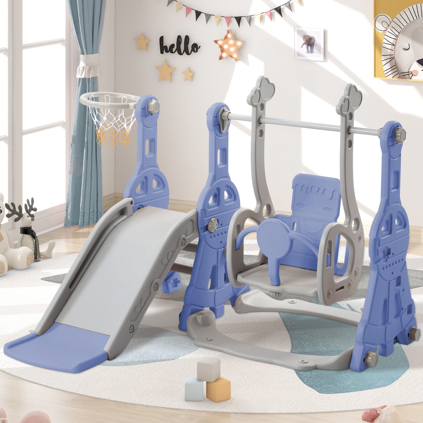 zebery Rutsche Kinderrutsche 4-in-1 Rutschen,Gartenrutsche mit Schaukel, Blau Kleinkinderrutsche,Kletterleitern,Schaukeln, Basketballkörbe