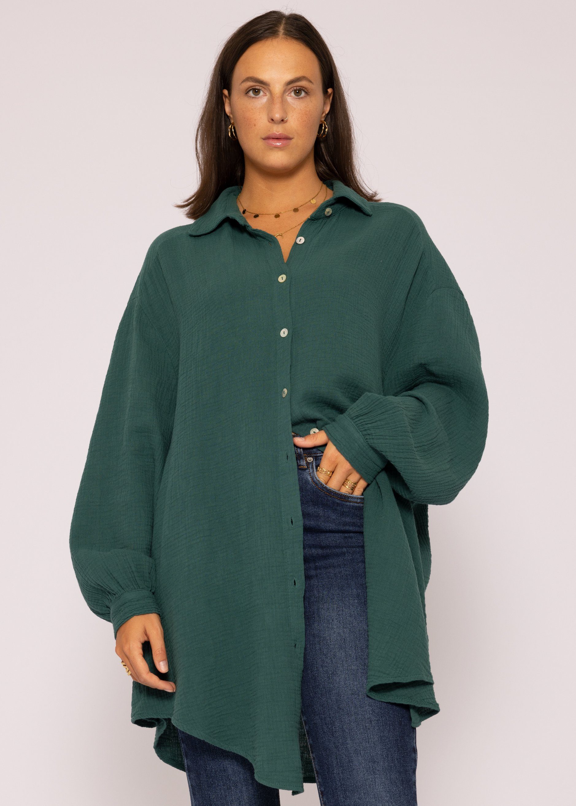 One Longbluse Baumwolle Size (Gr. Langarm Damen aus Musselin Bluse lang mit Hemdbluse Dunkelgrün SASSYCLASSY V-Ausschnitt, Oversize 36-48)