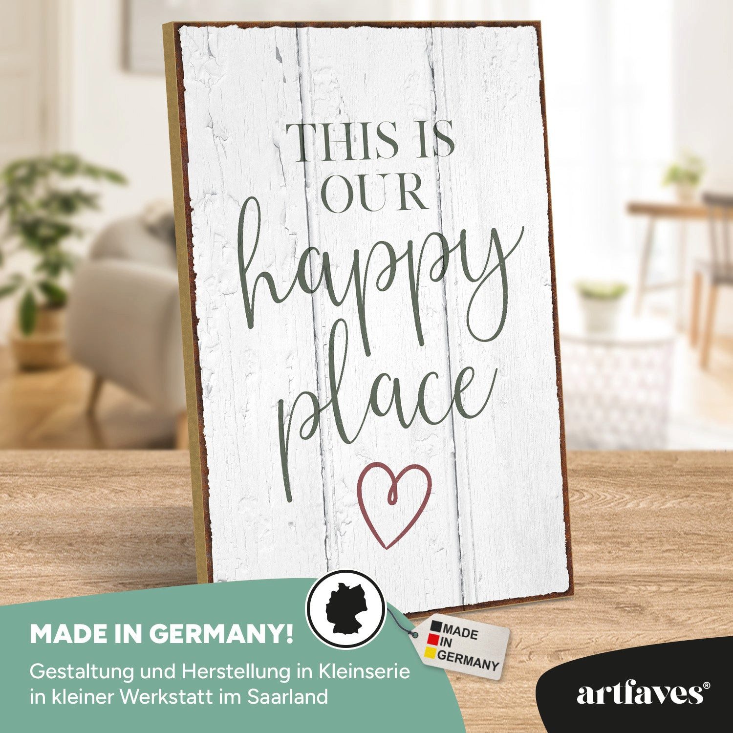 ARTFAVES Holzbild Schild mit Spruch - This is our happy place - Zuhause, Wohnung, Liebli