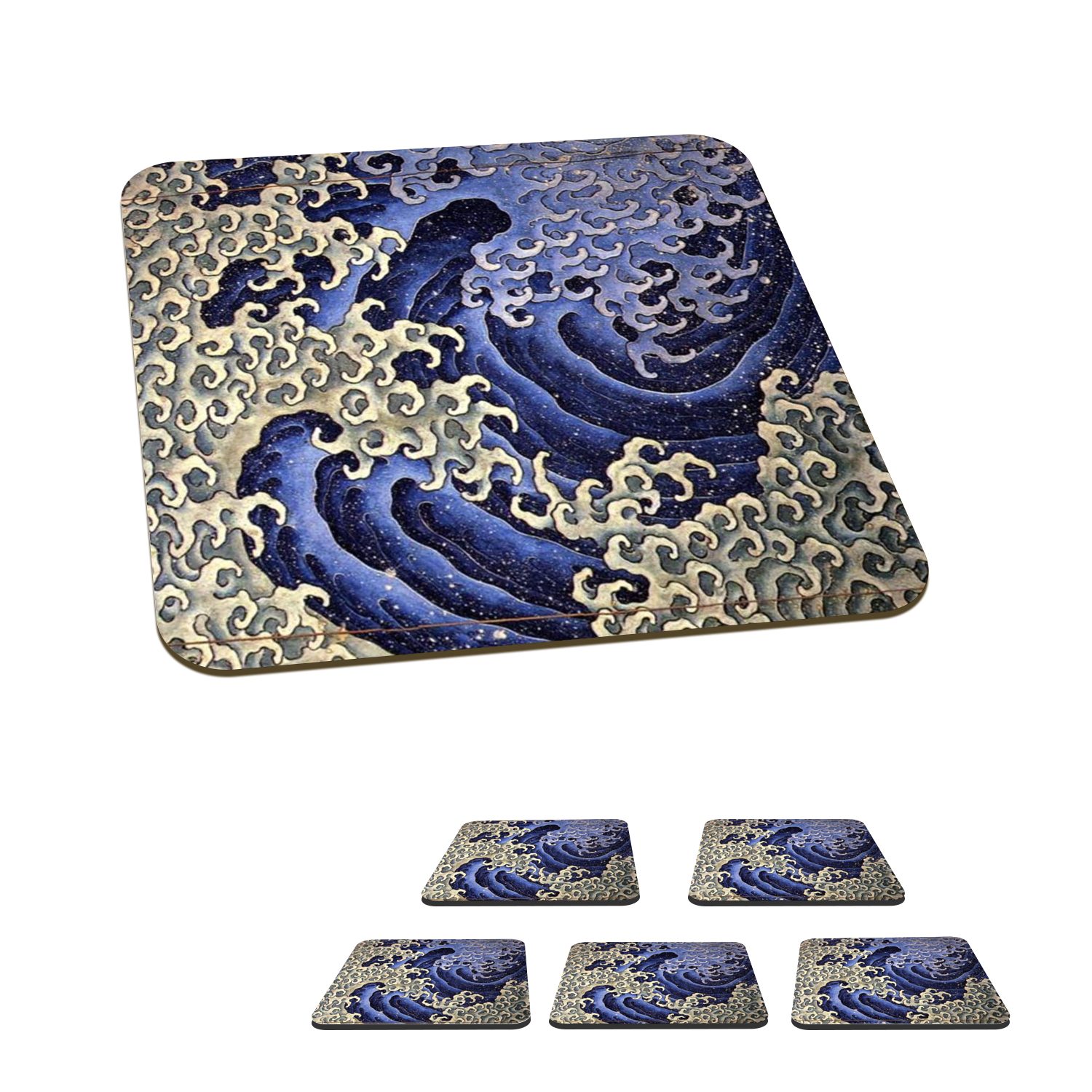 MuchoWow Glasuntersetzer Männliche Welle - Gemälde von Katsushika Hokusai, Zubehör für Gläser, 6-tlg., Glasuntersetzer, Tischuntersetzer, Korkuntersetzer, Untersetzer, Tasse