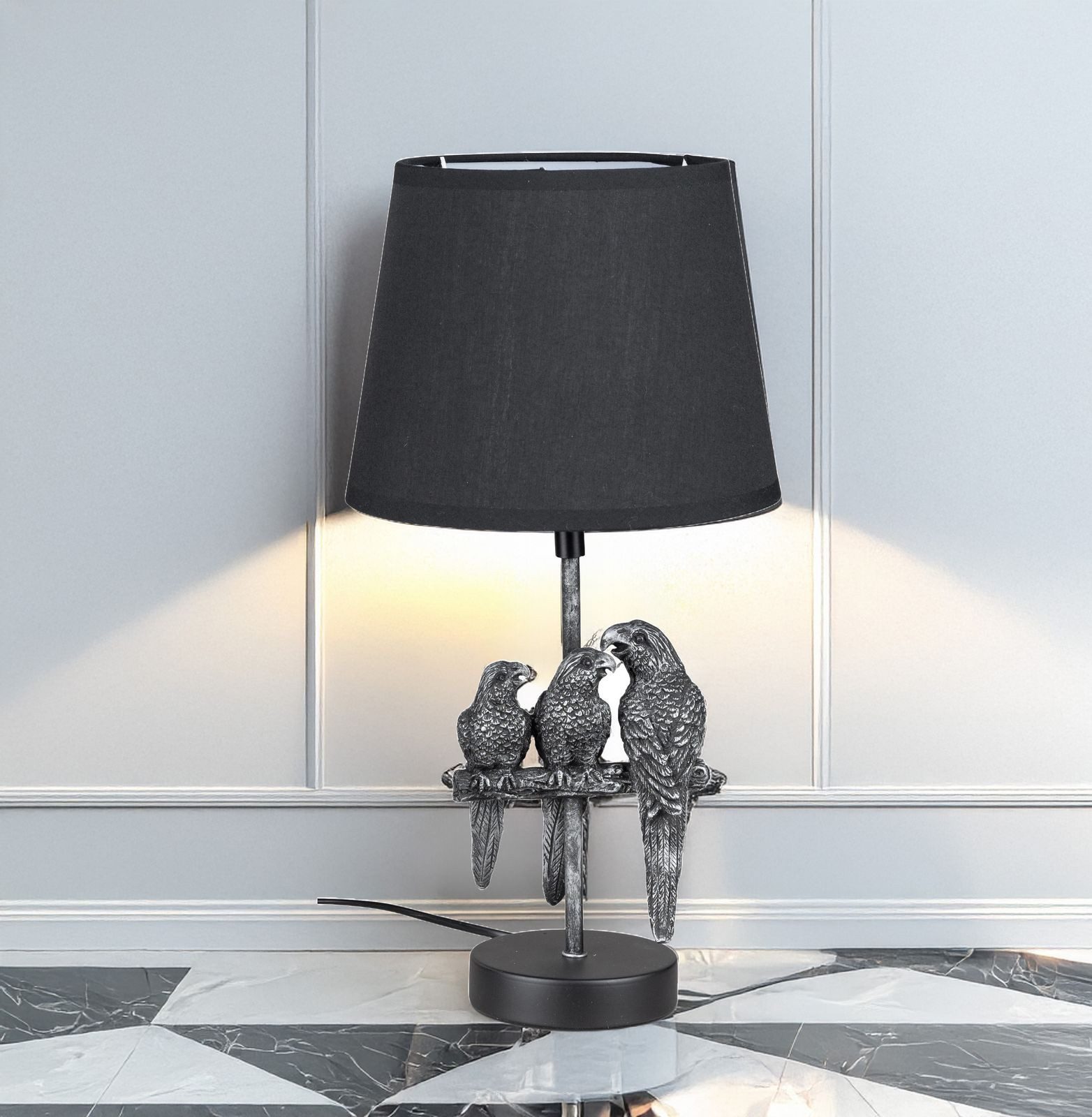 formano Stehlampe Antik-silberfarbene Papageienlampe mit schwarzem Stoffschirm 42cm Deko