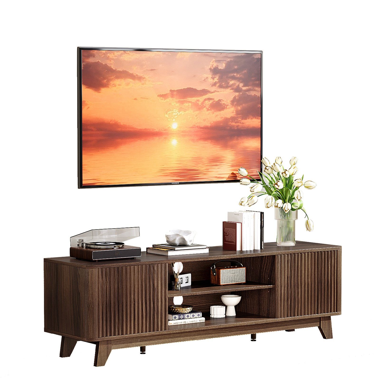VINGLI TV-Schrank mit 2 geriffelten Türen, Lowboard Nussbaum/Eiche, 149x38x46cm TV-Sideboard, Fernsehrschrank Holz