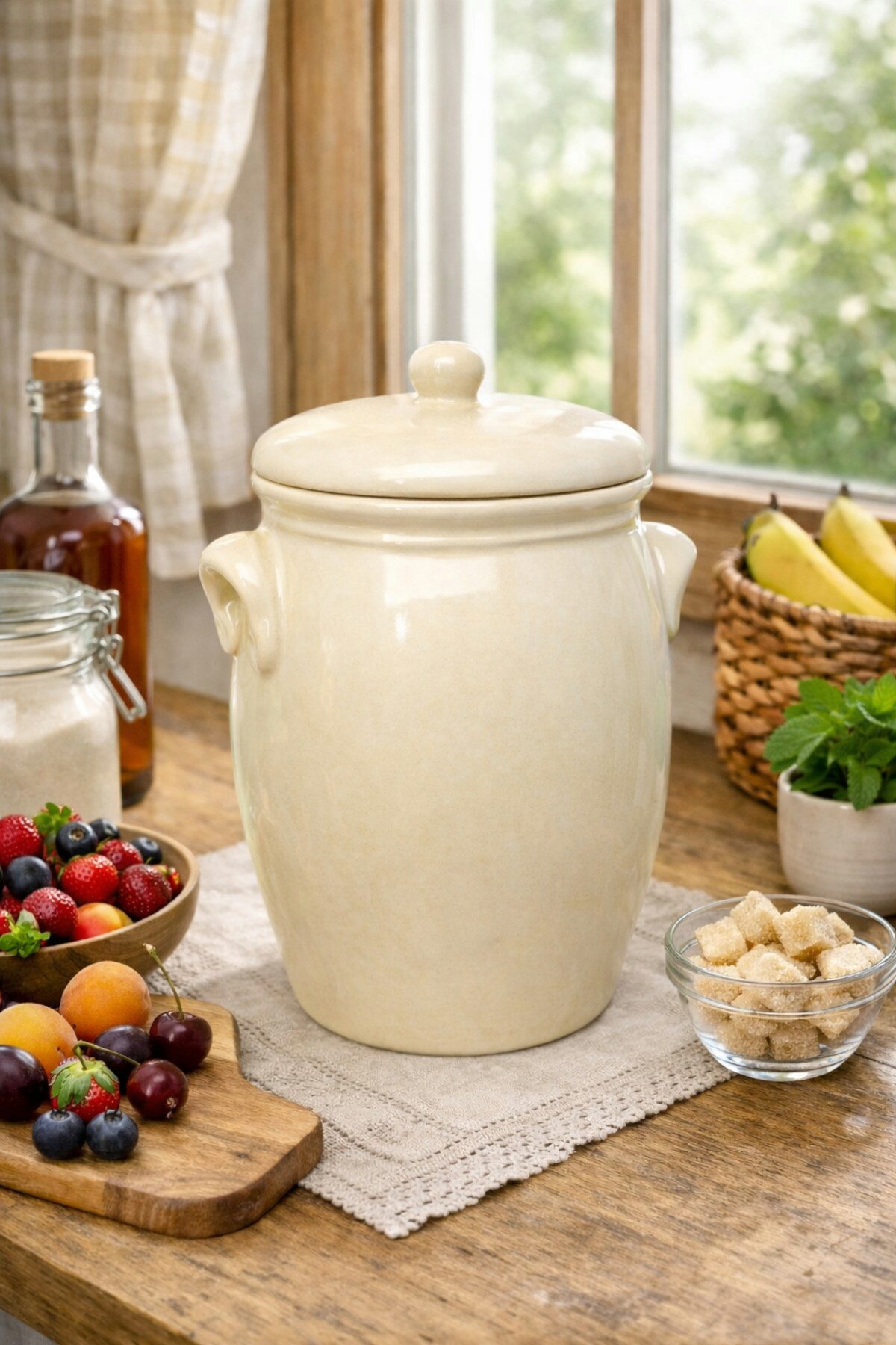 KERAZO Fermentationsglas 5L Rumtopf Einlegetopf Keramiktopf Mehrzwecktopf aus Steinzeug, beige, Keramik, Keramiktopf mit Henkel und Deckel