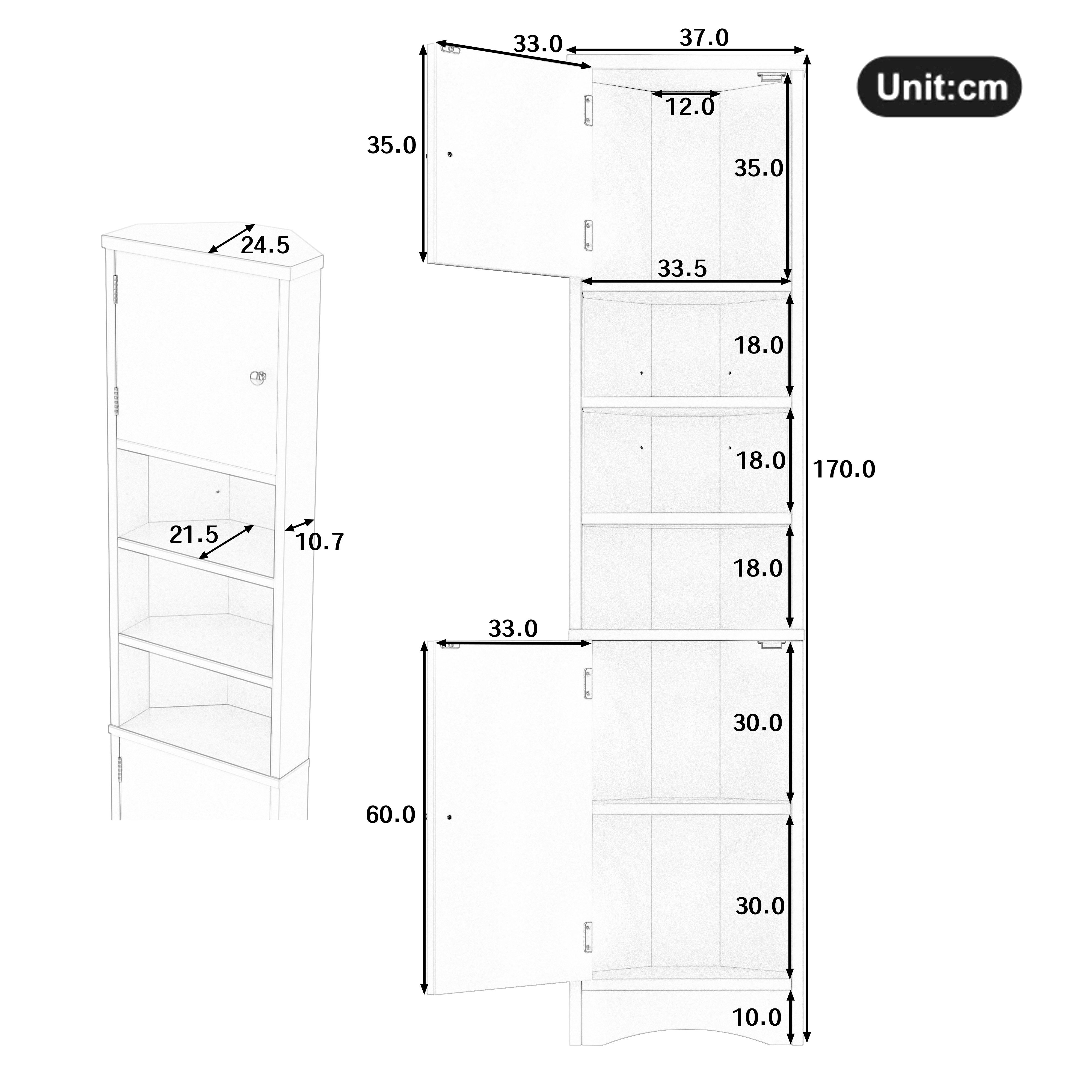 Wildhome Eckschrank Hochschrank Badschrank Küchenschrank Standregal, 170 x 37 x 24,5 cm (1-St) mit Doppeltüren, 3 offenen Regalböden & verstellbaren Einlegeböden